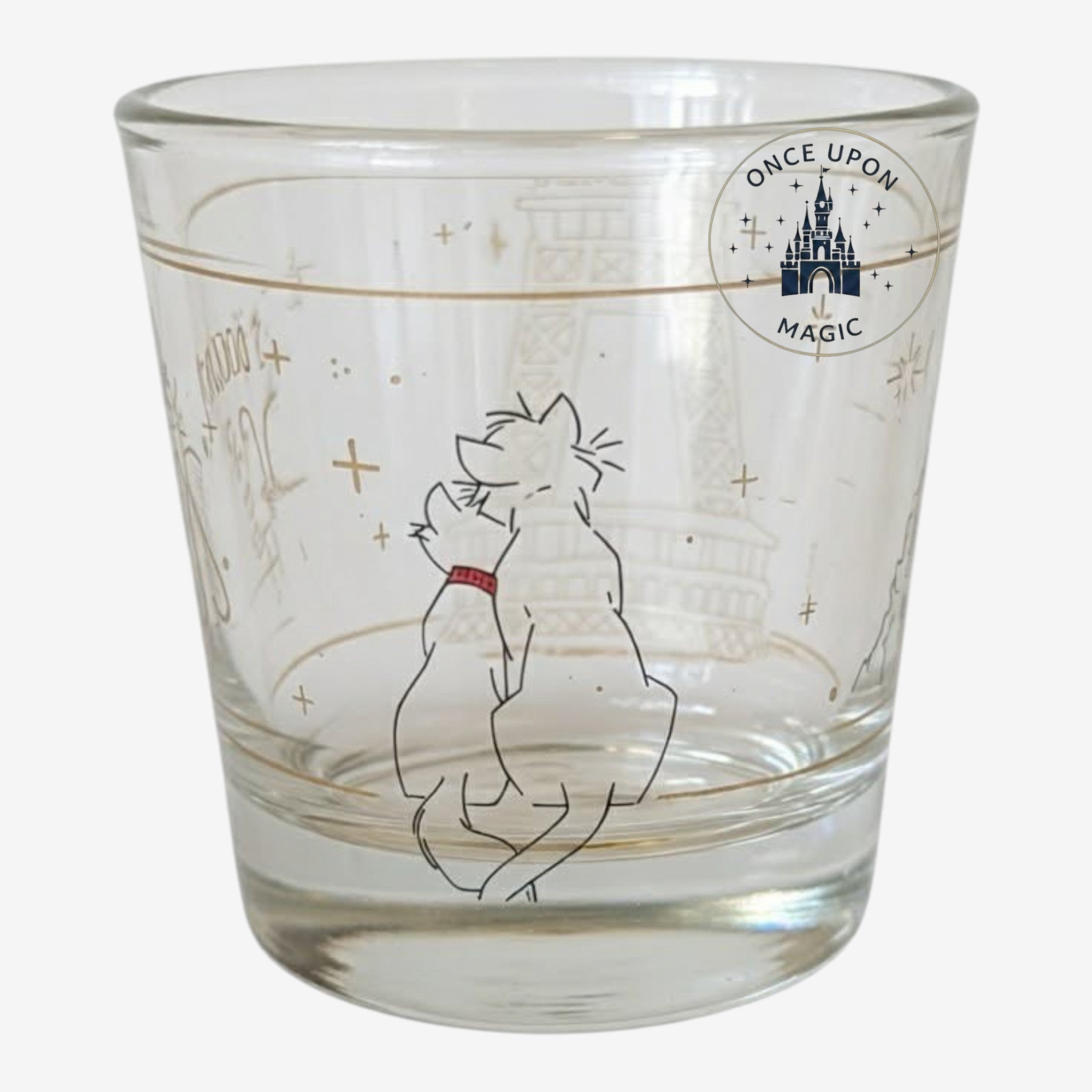 Petit verre Once Upon Magic Les Aristochats avec illustration dorée de Duchesse et O'Malley et décor parisien.