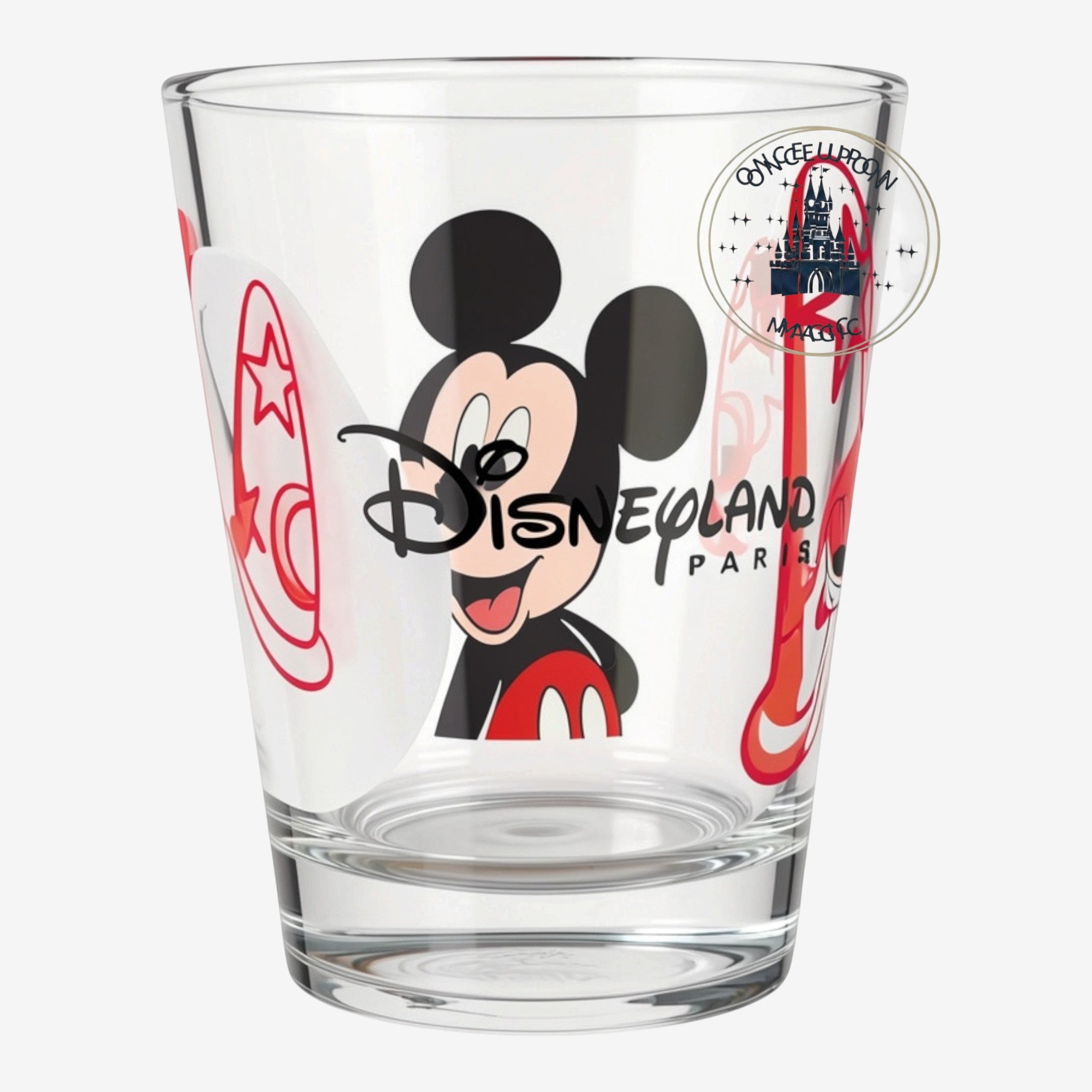 Verre transparent Once Upon Magic avec motif Mickey Mouse et logo Disneyland Paris en rouge et noir