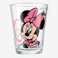 Verre Once Upon Magic avec portrait de Minnie Mouse, décoré de cœurs roses et d'un nœud assorti sur fond transparent