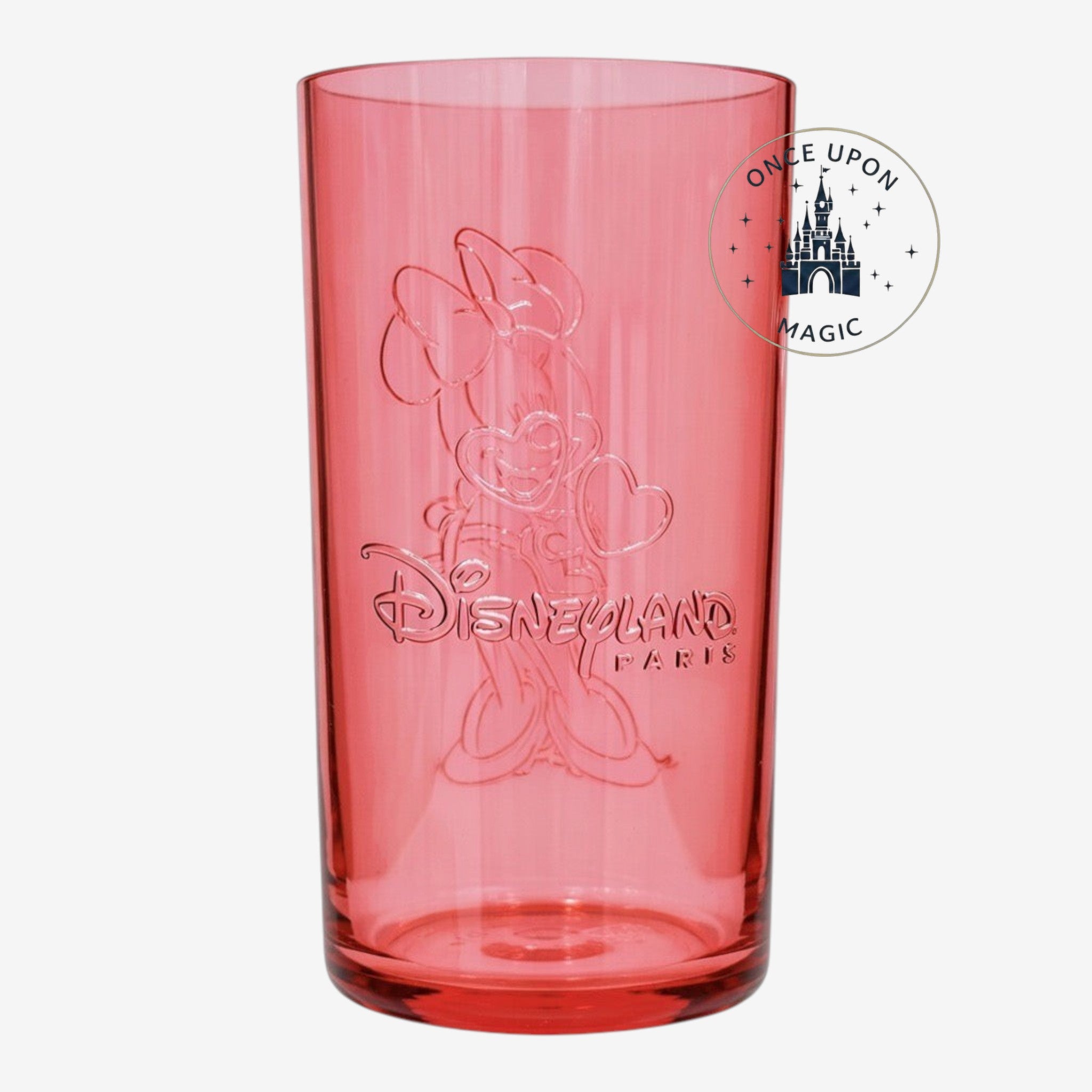 Verre Once Upon Magic en plastique rose translucide avec Minnie Mouse en relief et logo Disneyland Paris