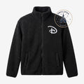 Veste polaire noire zippée Disneyland Paris avec logo D brodé blanc sur la poitrine. Poches latérales.