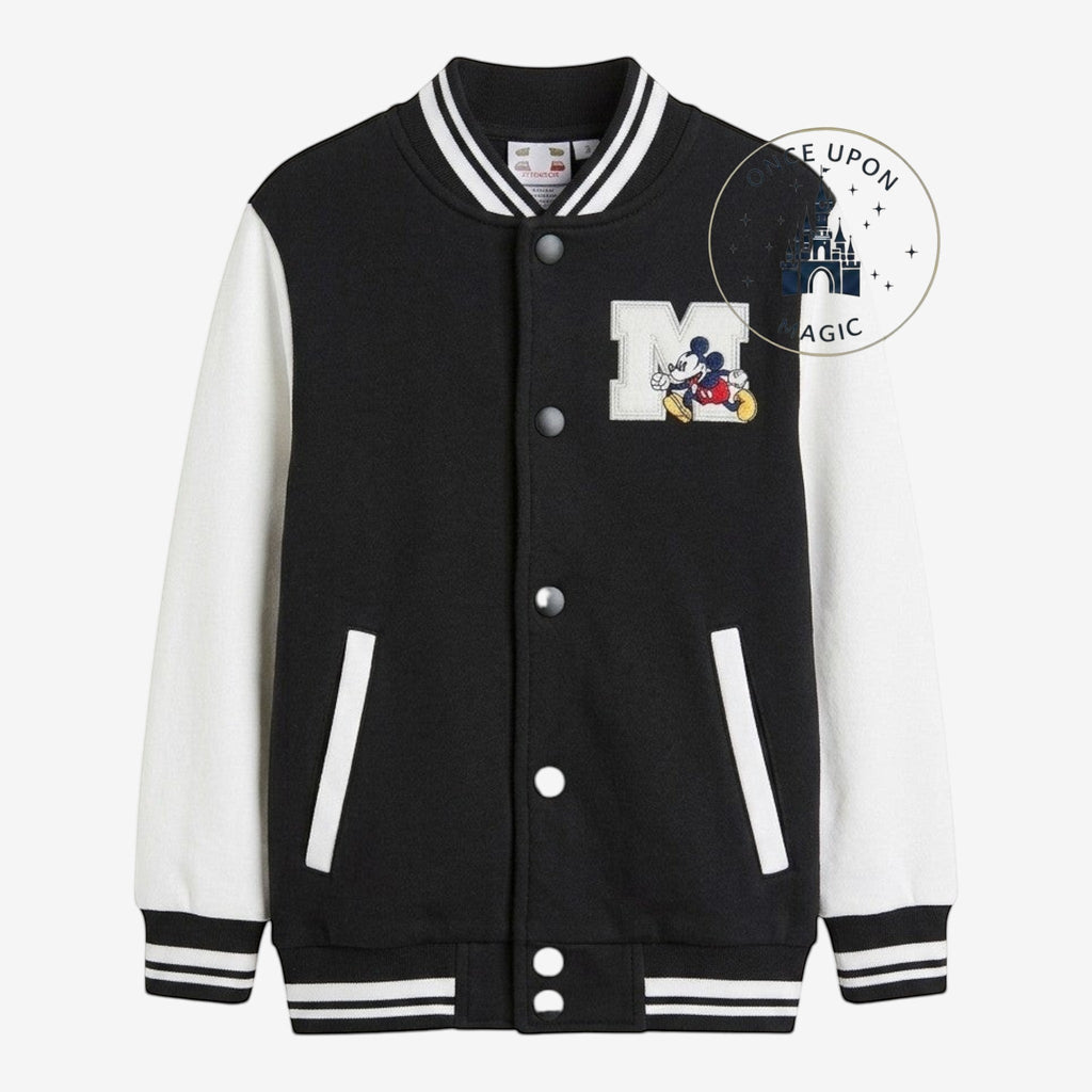 Veste teddy noire et blanche pour enfant Once Upon Magic avec Mickey Mouse brodé et inscription Disneyland Paris.