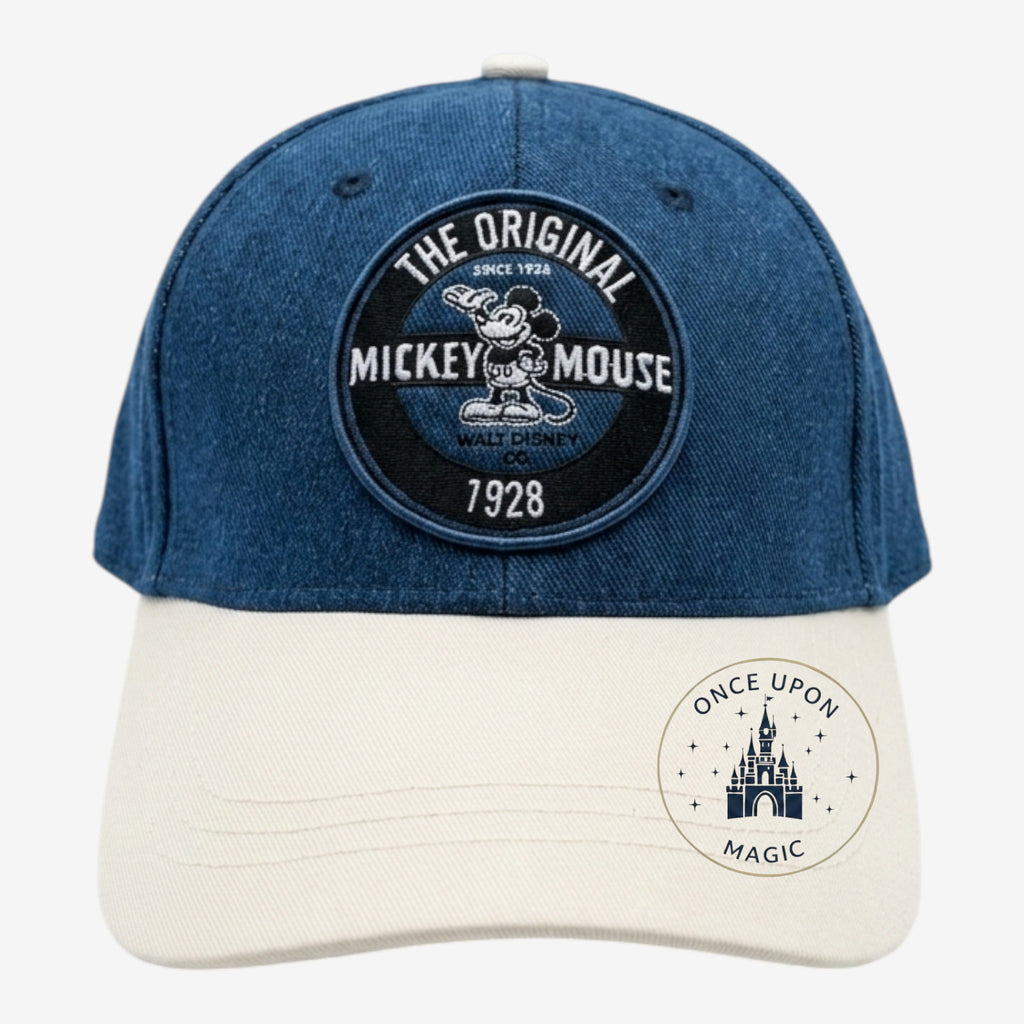 Once Upon Magic blue and cream cotton baseball cap with vintage Mickey Mouse embroidery and curved brim.