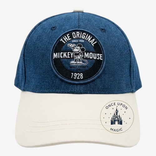 Once Upon Magic blue and cream cotton baseball cap with vintage Mickey Mouse embroidery and curved brim.