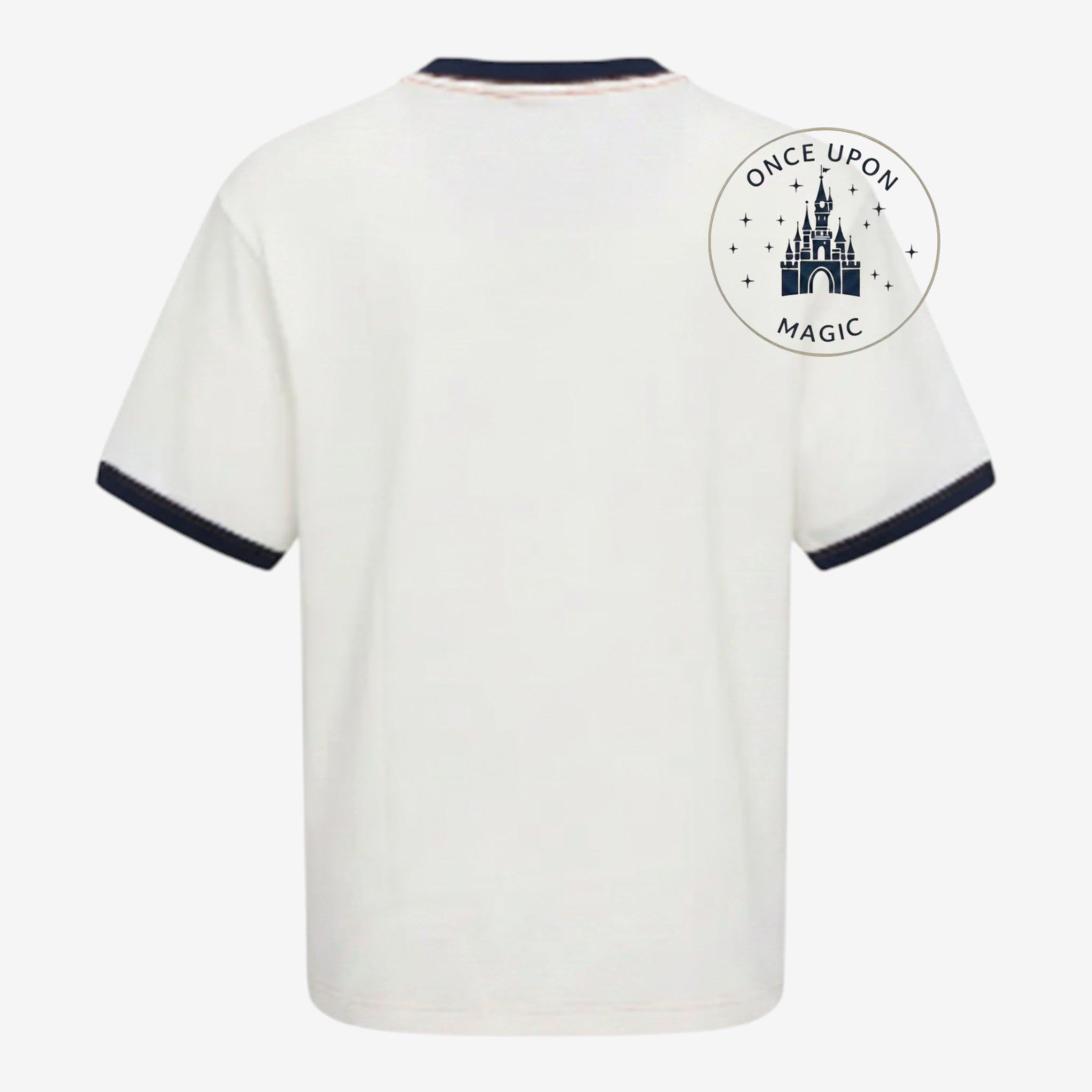 Back view of Once Upon Magic white t-shirt with navy blue trim on sleeves and collar from Disneyland Paris