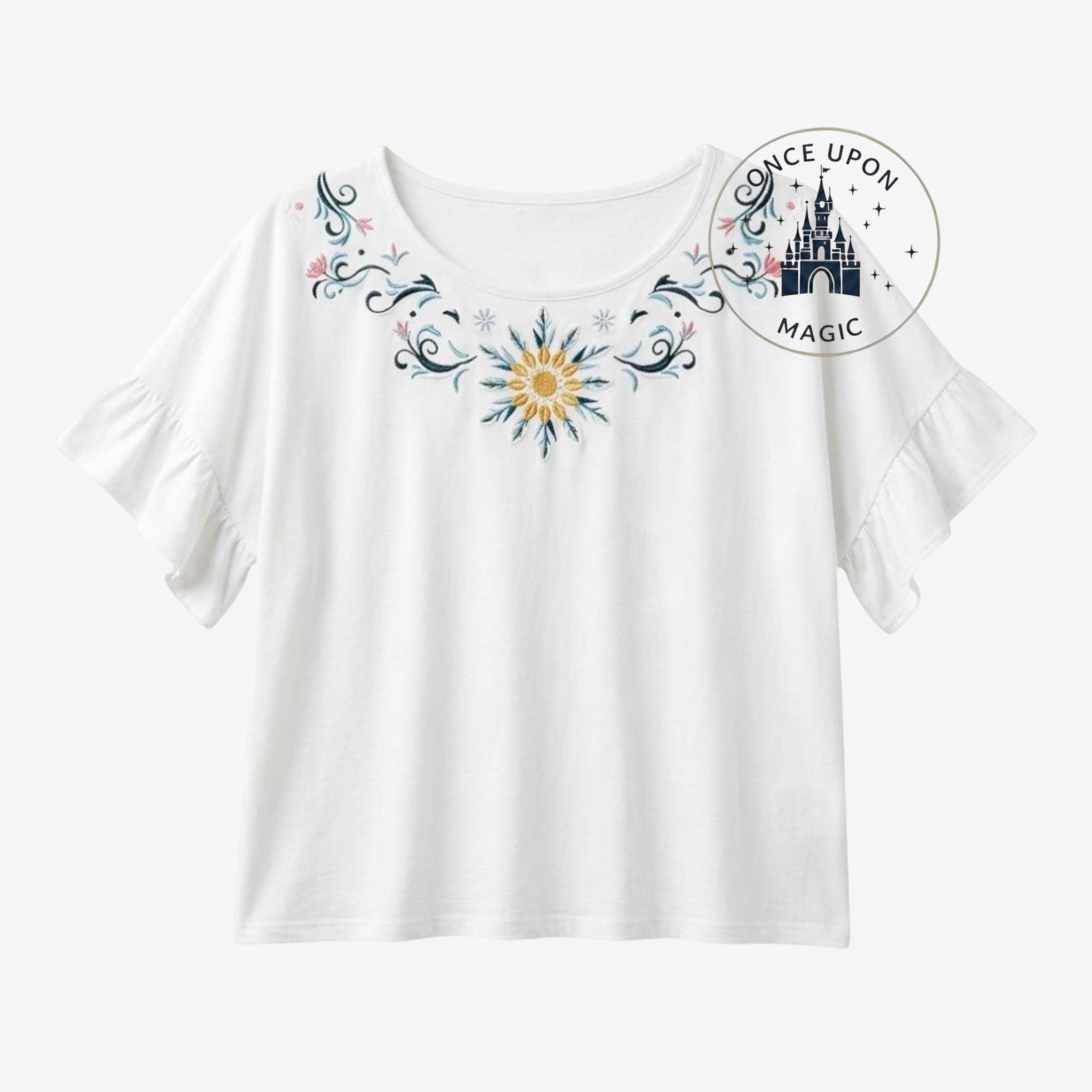 Once Upon Magic white cotton t-shirt with ruffled sleeves and embroidered floral sun design on neckline.