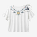 Once Upon Magic white cotton t-shirt with ruffled sleeves and embroidered floral sun design on neckline.