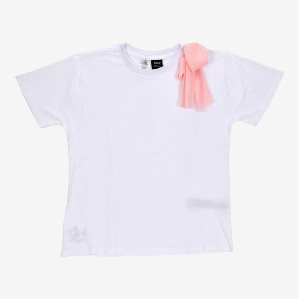 Once Upon Magic white cotton t-shirt with a pink chiffon bow detail on the left shoulder and embroidered dog graphic on the back.