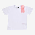 Once Upon Magic white cotton t-shirt with a pink chiffon bow detail on the left shoulder and embroidered dog graphic on the back.