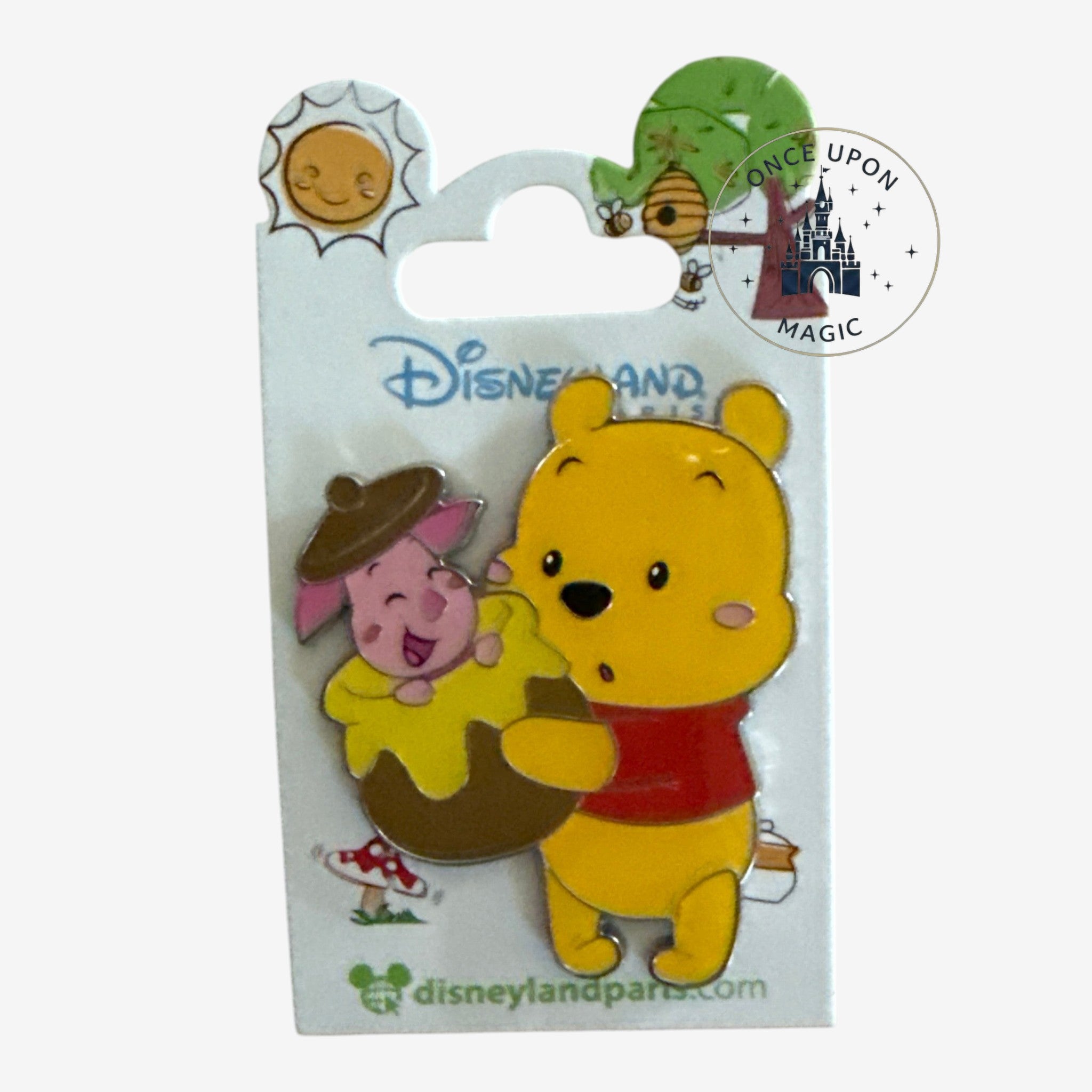 Once Upon Magic Winnie the Pooh and Piglet enamel pin featuring Pooh holding Piglet inside a honey pot
