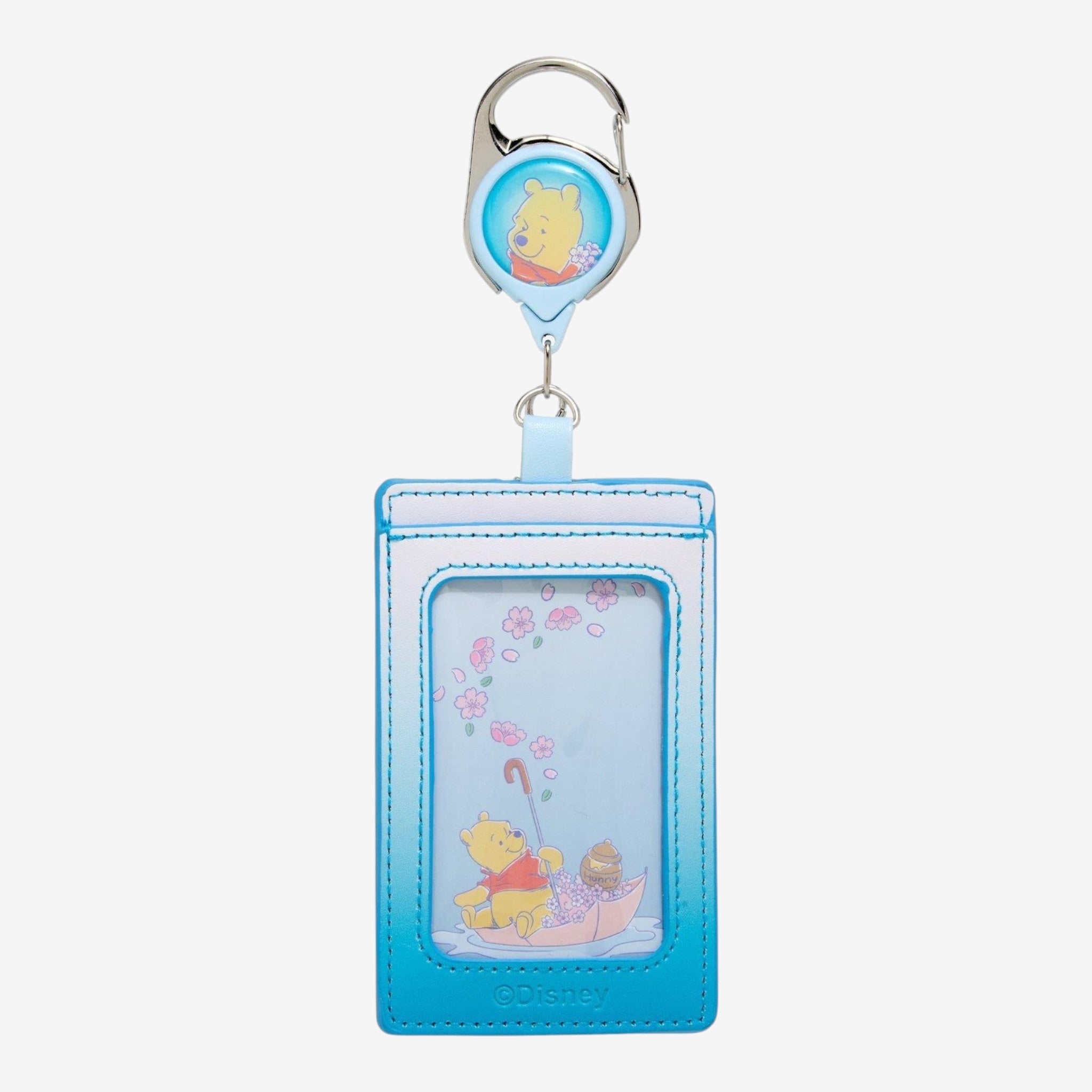 Once Upon Magic Winnie the Pooh Sakura retractable lanyard with charm, pastel blue and pink.