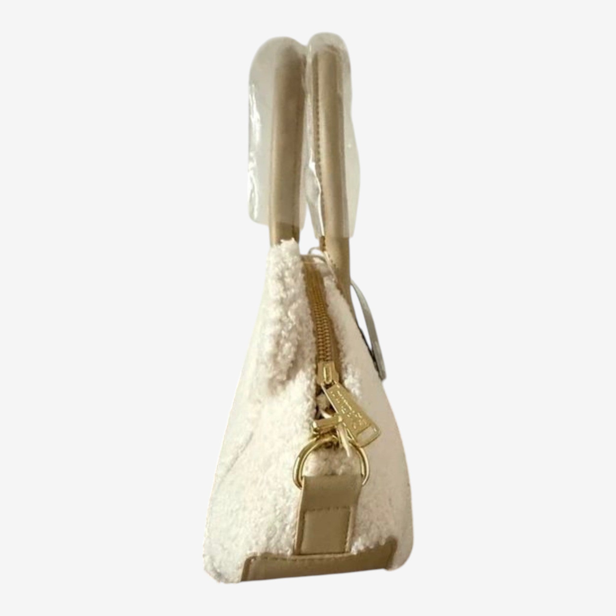 Once Upon Magic white sherpa Winnie the Pooh Loungefly mini backpack with gold zipper and beige trim.