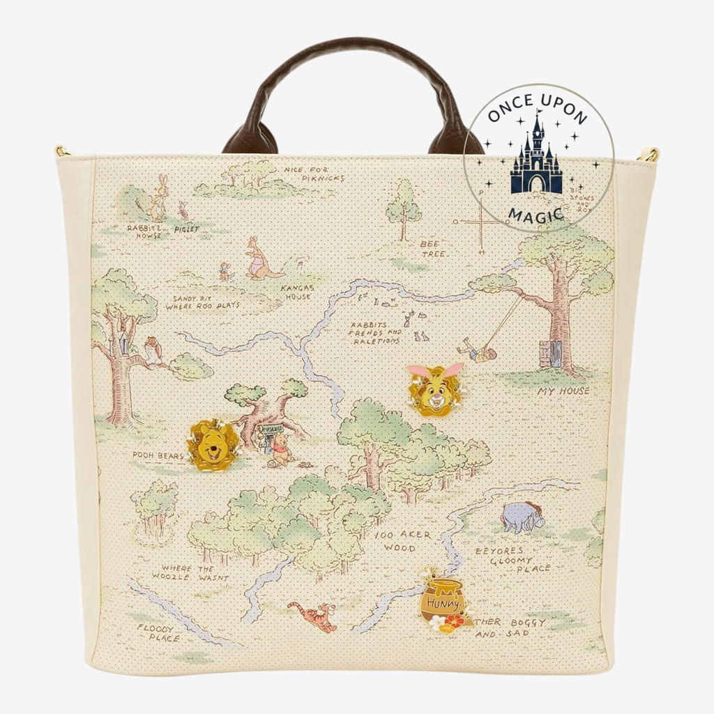 Once Upon Magic Winnie the Pooh Hundred Acre Wood tote bag with map design, Pooh, Piglet, Tigger pins, and brown handles.