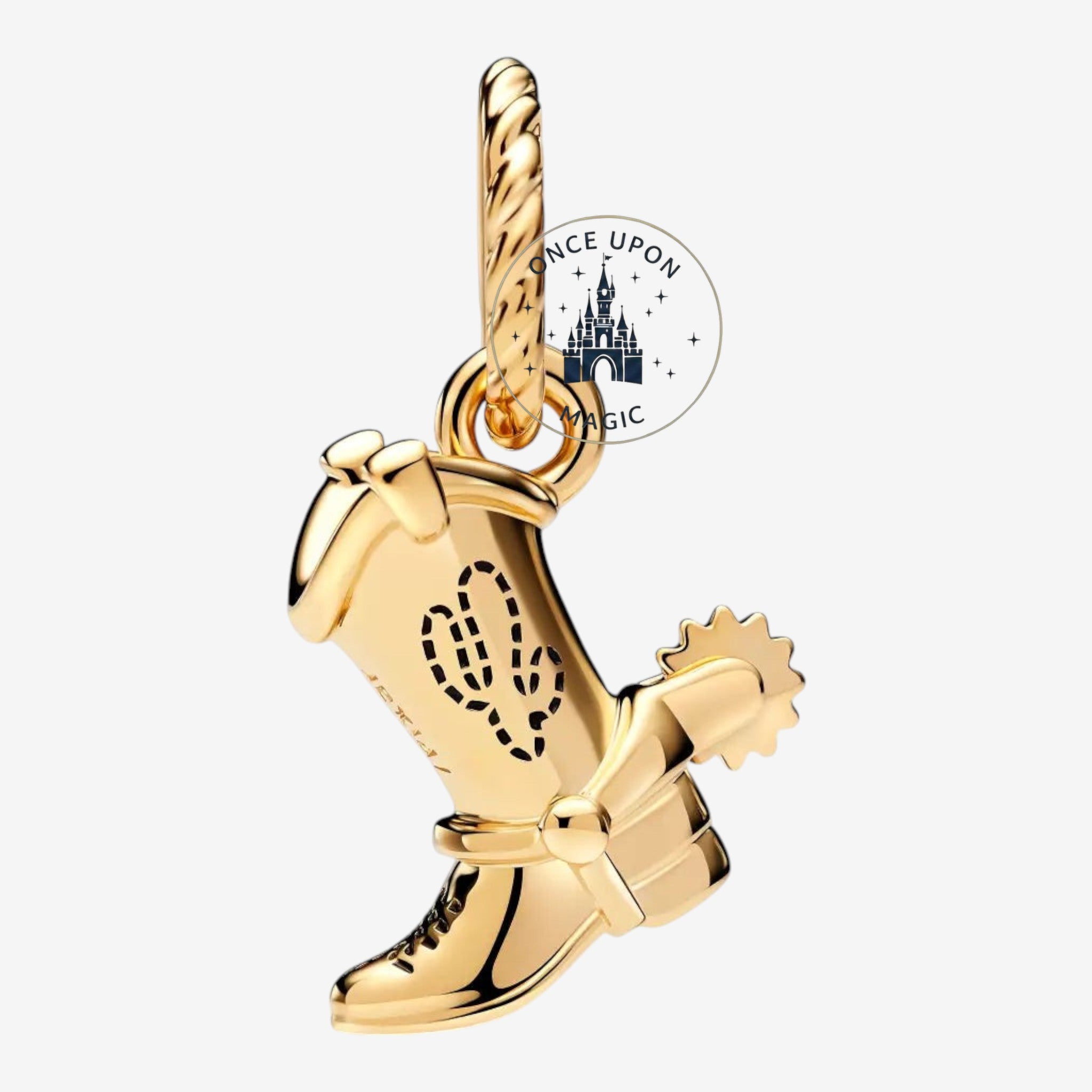 Once Upon Magic gold-tone charm shaped like Woody's boot from Toy Story, with "Andy" engraved.