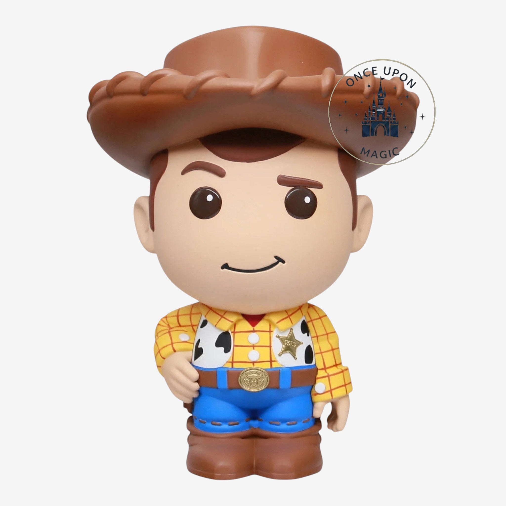 Once Upon Magic Woody piggy bank, a stylized vinyl figure with a brown hat, yellow plaid shirt, blue pants, and sheriff badge.