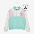 Once Upon Magic youth quarter zip pullover in pastel mint, blush pink, and white with tropical graphic and ribbed cuffs