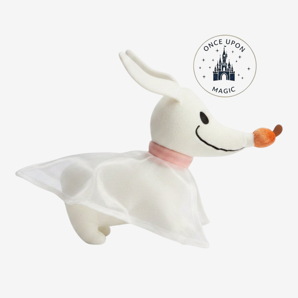 Once Upon Magic Zero shoulder plush from The Nightmare Before Christmas with a white ghost body and orange nose.
