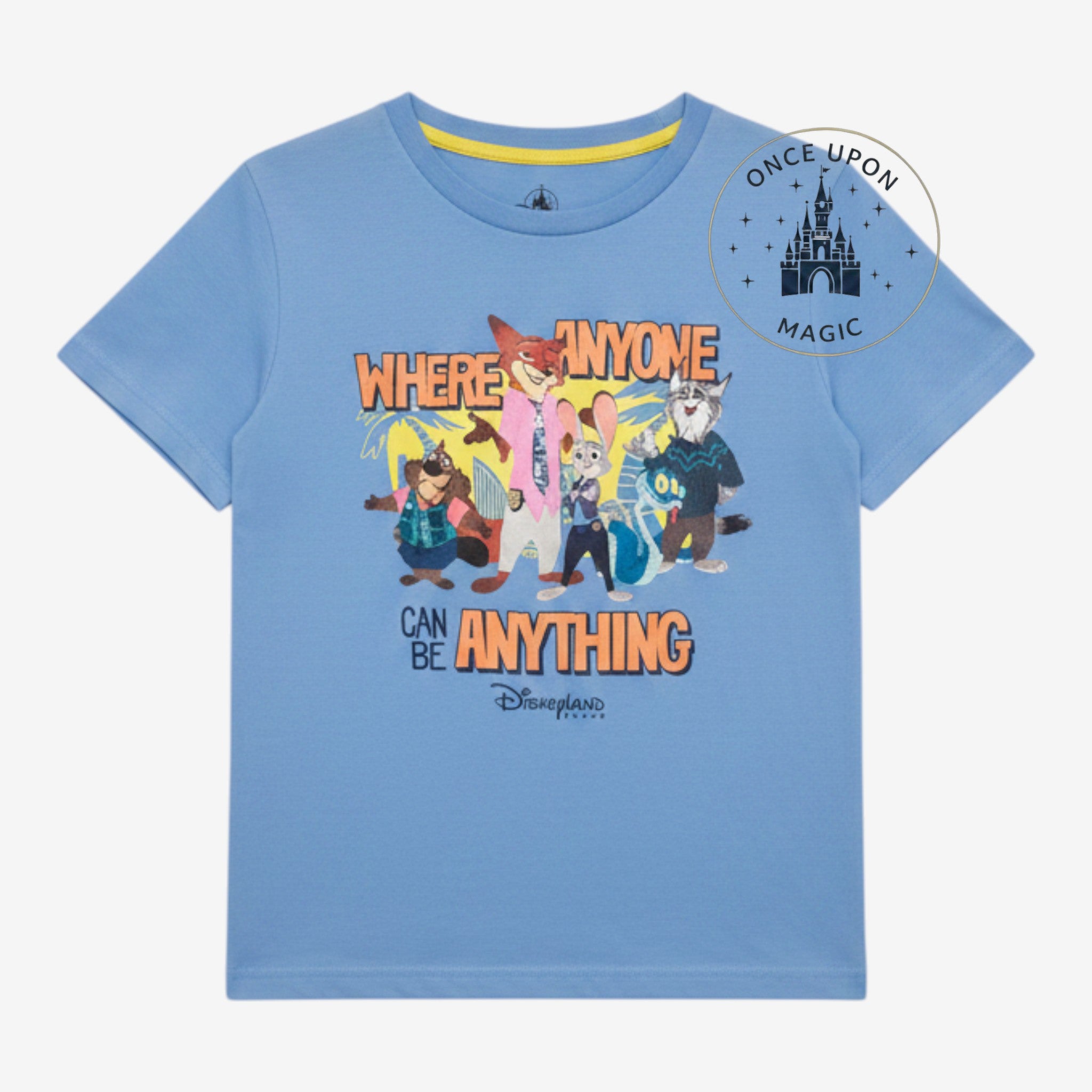 Once Upon Magic blue Zootopia children's t-shirt featuring Judy Hopps and Nick Wilde with Where Anyone Can Be Anything text