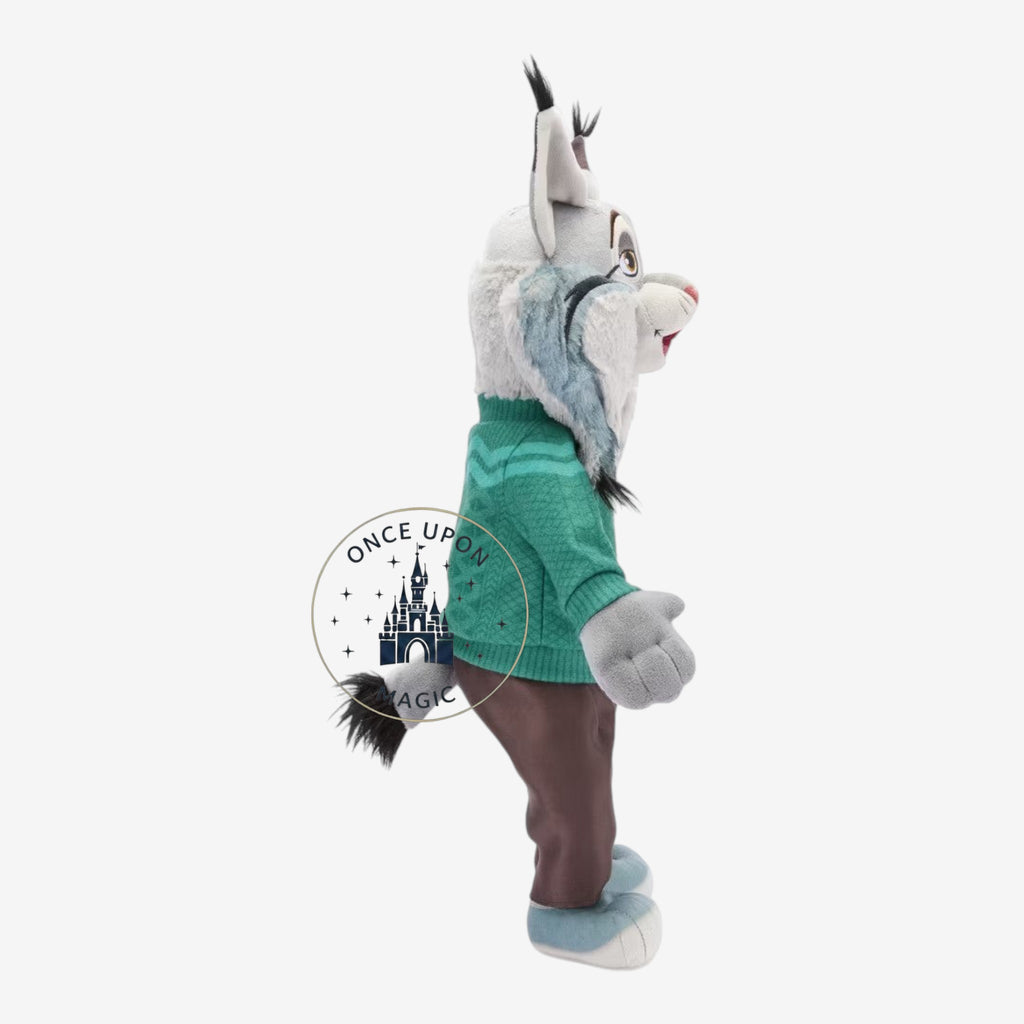 Once Upon Magic Zootopia plush toy of a lynx character wearing a green sweater and brown pants, side view