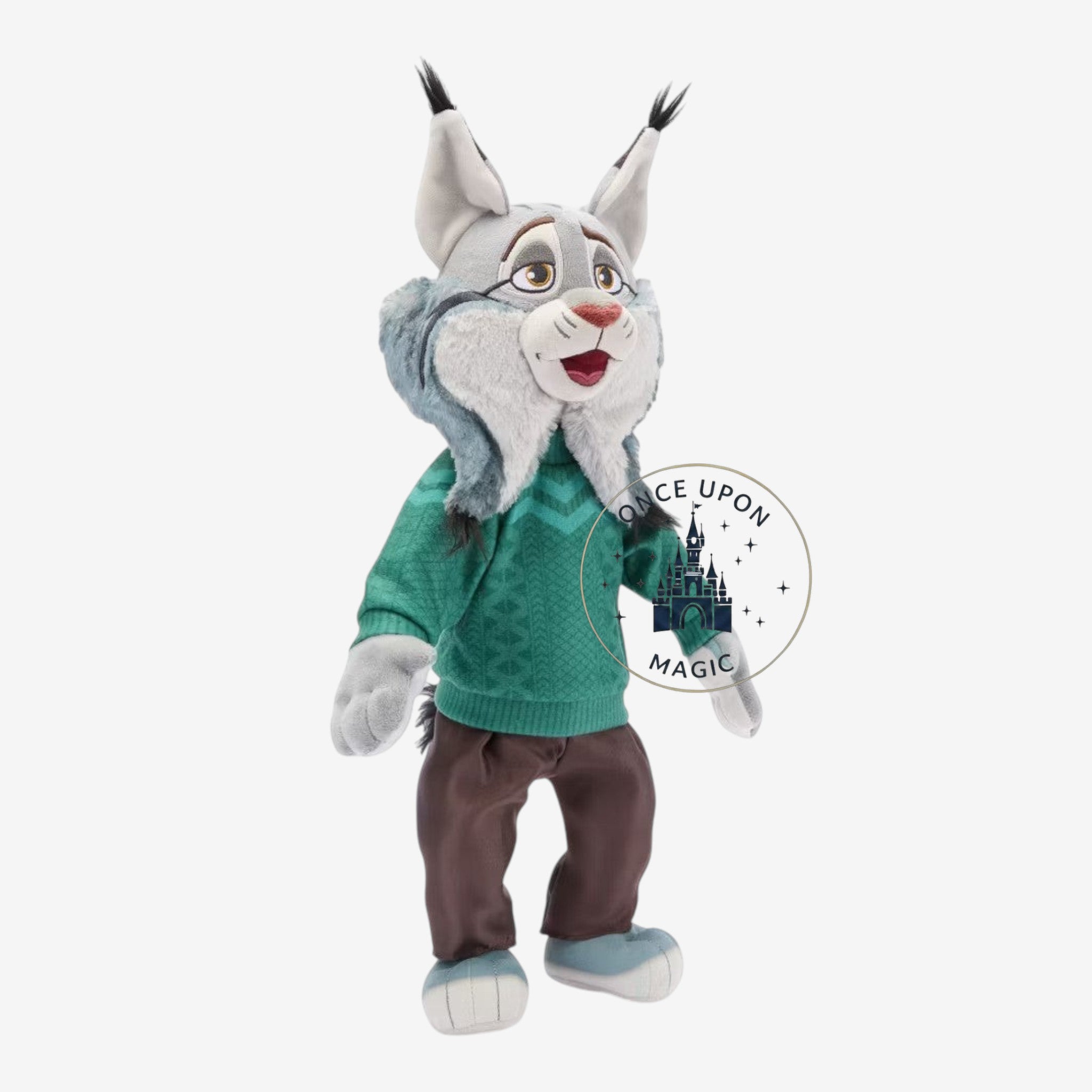 Once Upon Magic Zootopia plush toy featuring a grey lynx character wearing a green cable-knit sweater and brown pants