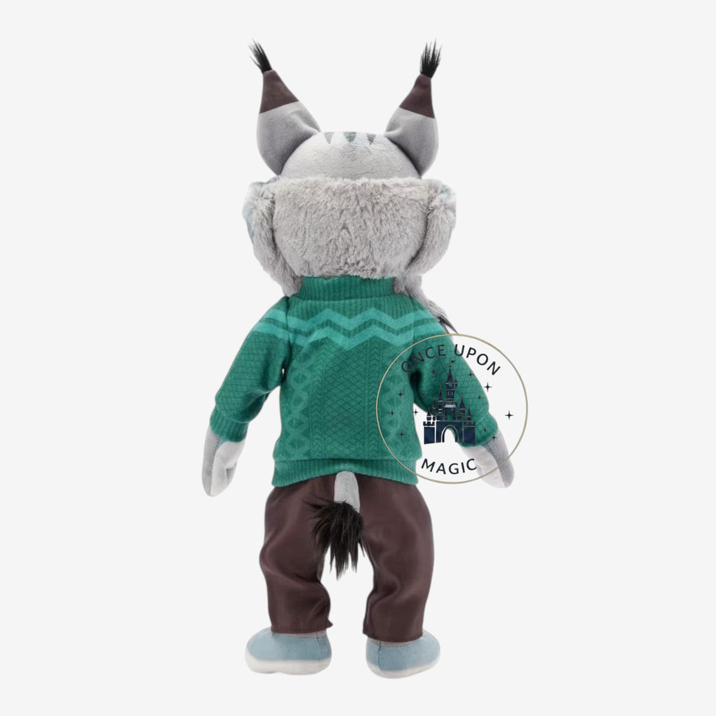 Once Upon Magic Zootopia plush toy of a lynx character wearing a green sweater and brown pants, back view.