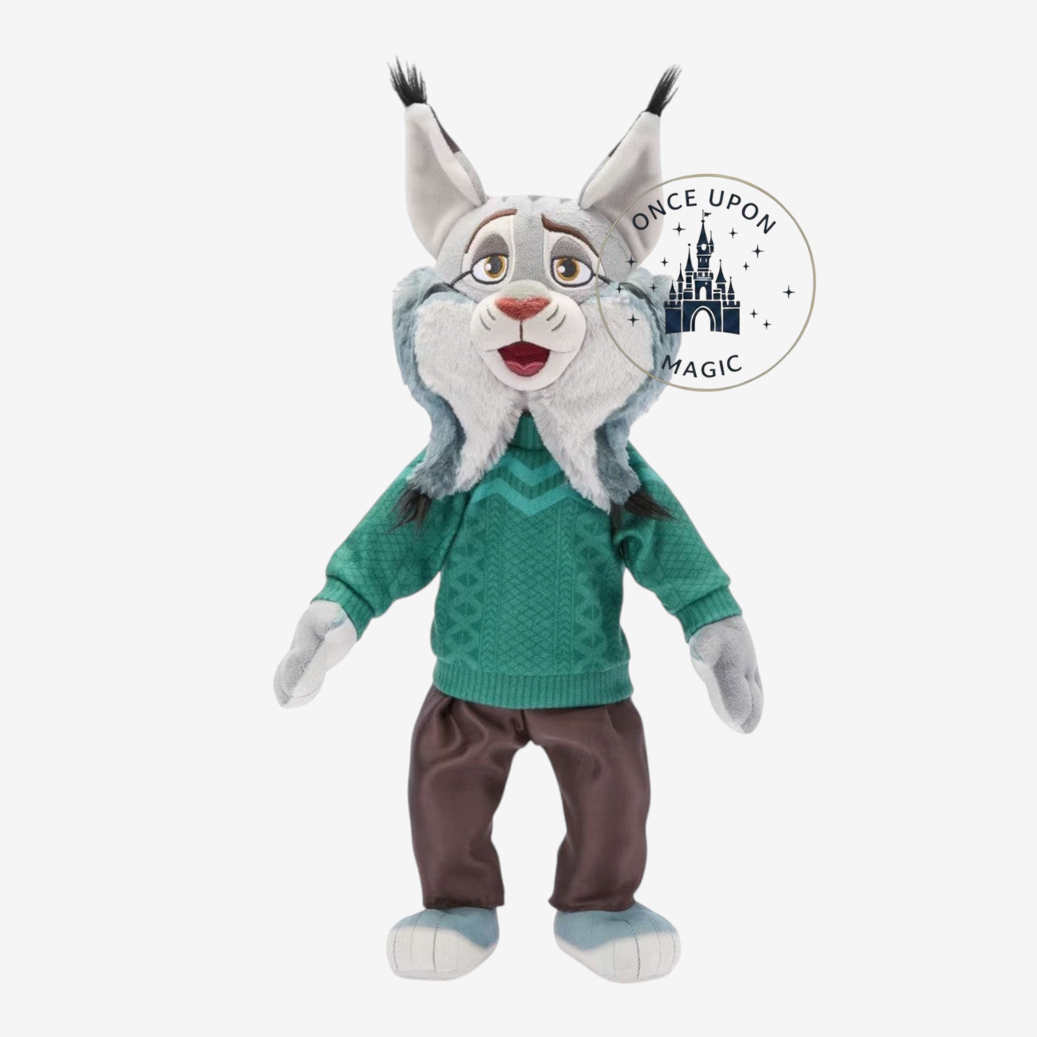 Once Upon Magic official Disneyland Paris Zootopie lynx plush toy wearing a green sweater and brown trousers