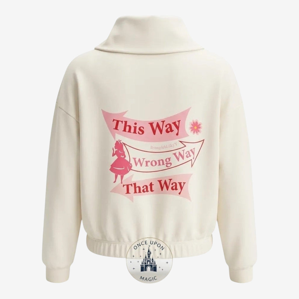 Once Upon Magic Alice in Wonderland ivory half zip sweatshirt with oversized collar and graphic print on back.