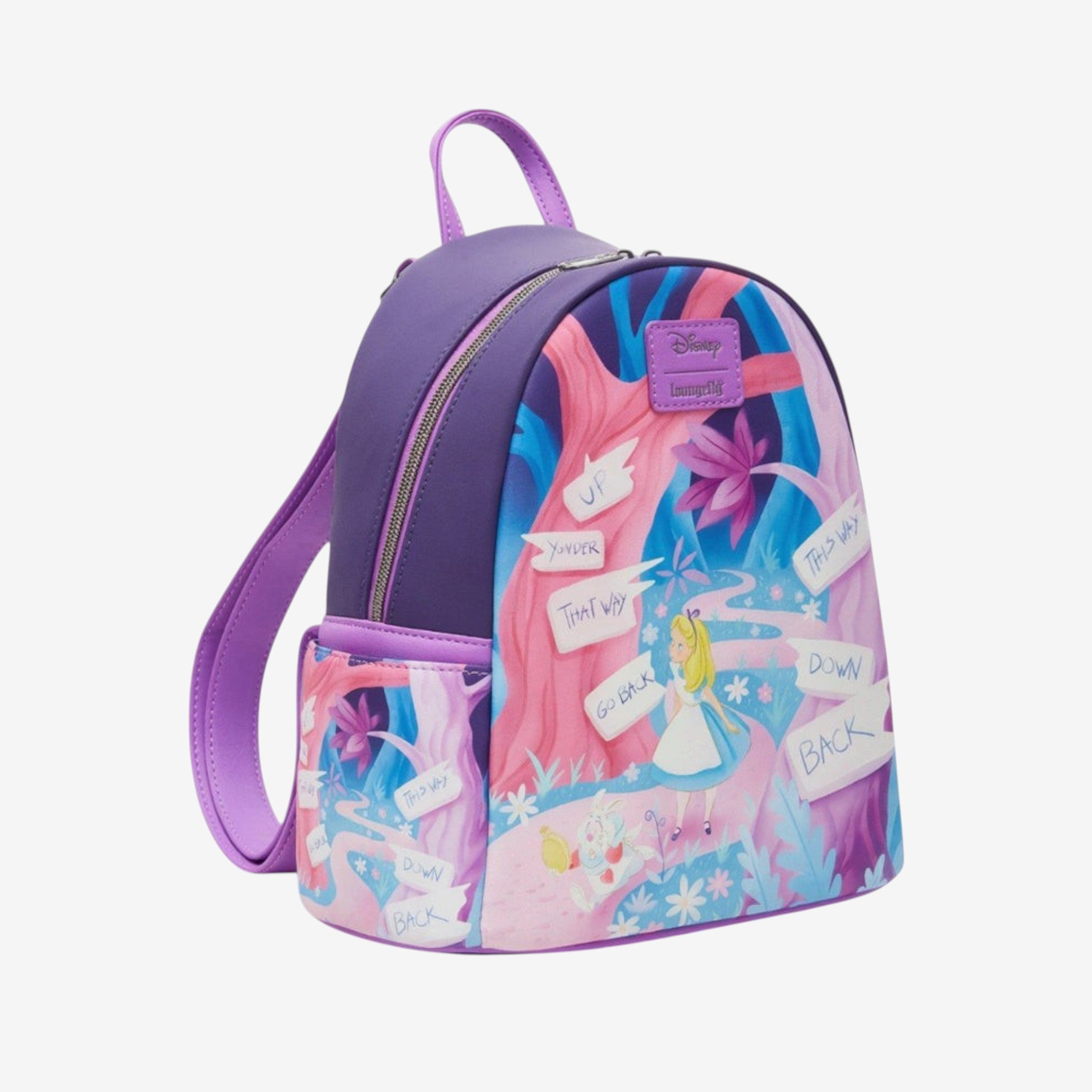 Once Upon Magic Alice in Wonderland mini backpack, purple with colorful forest scene and directional signs. Faux leather.
