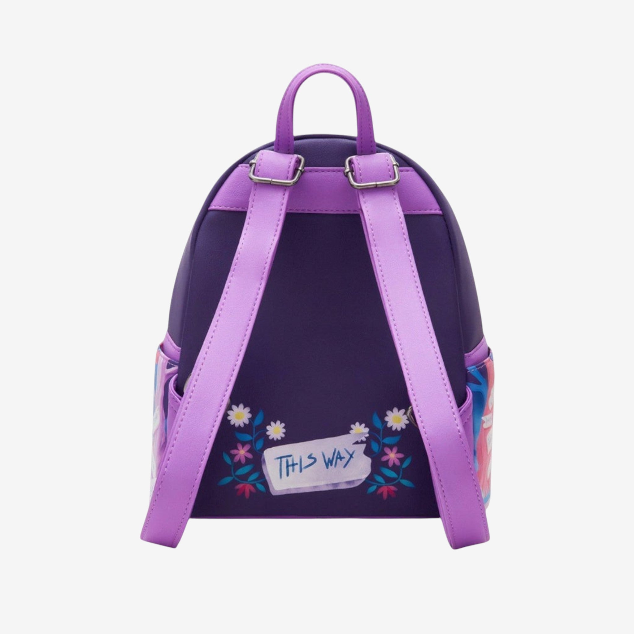 Once Upon Magic Alice in Wonderland mini backpack, purple faux leather with floral and directional sign details.