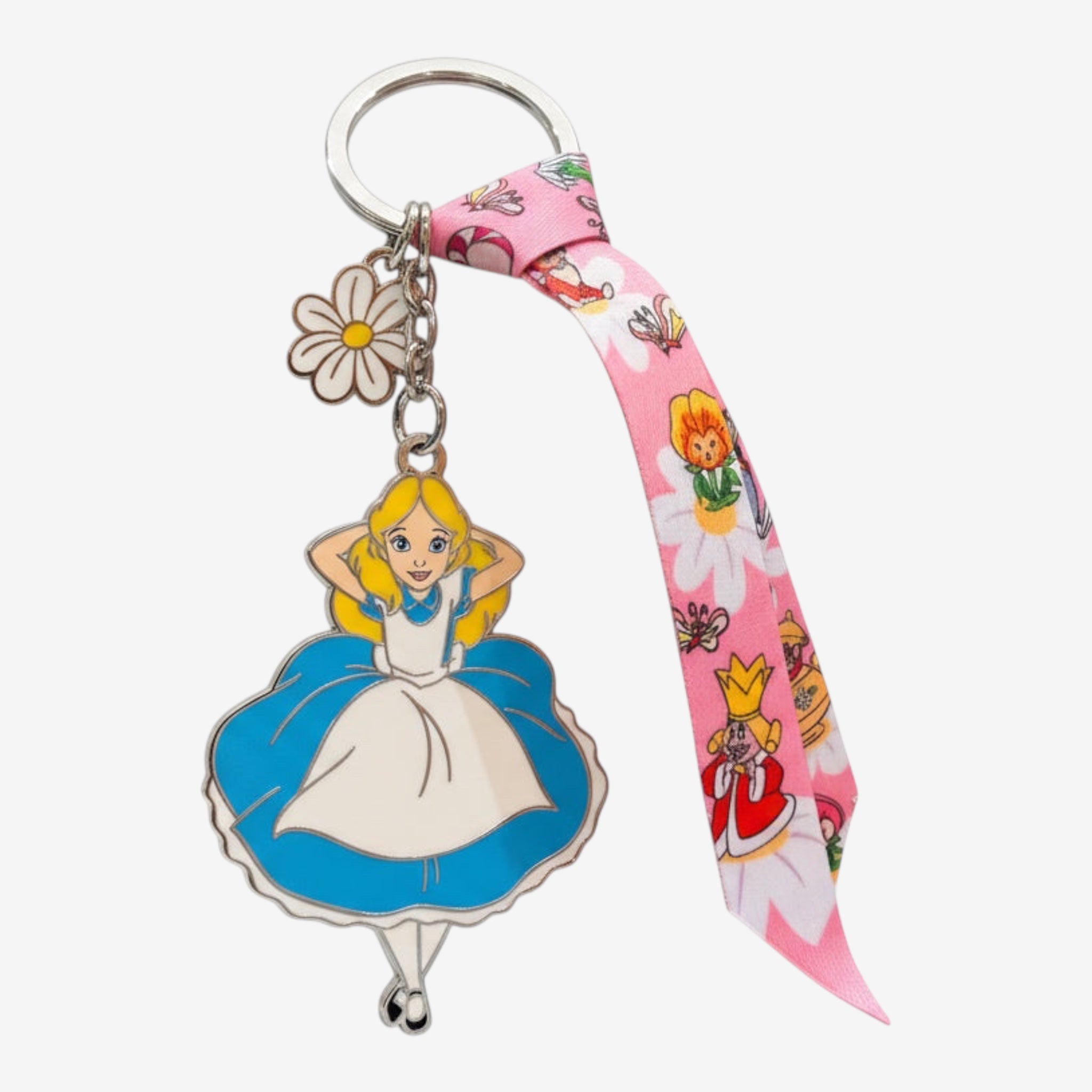Once Upon Magic Alice in Wonderland enamel keychain with daisy charm and printed ribbon featuring Queen of Hearts.