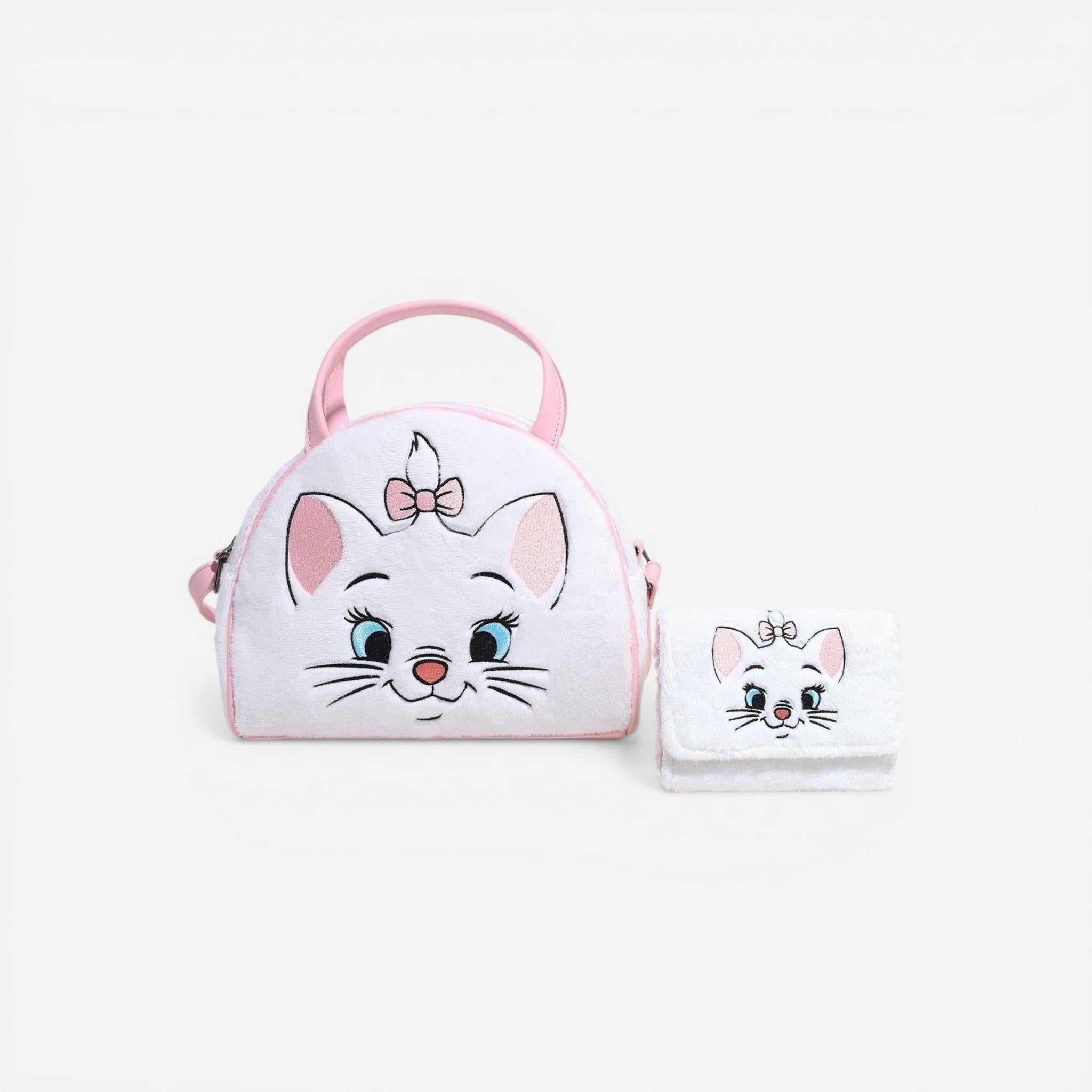Once Upon Magic Loungefly Disney The Aristocats Marie fuzzy white mini flap wallet with embroidered face and pink bow.