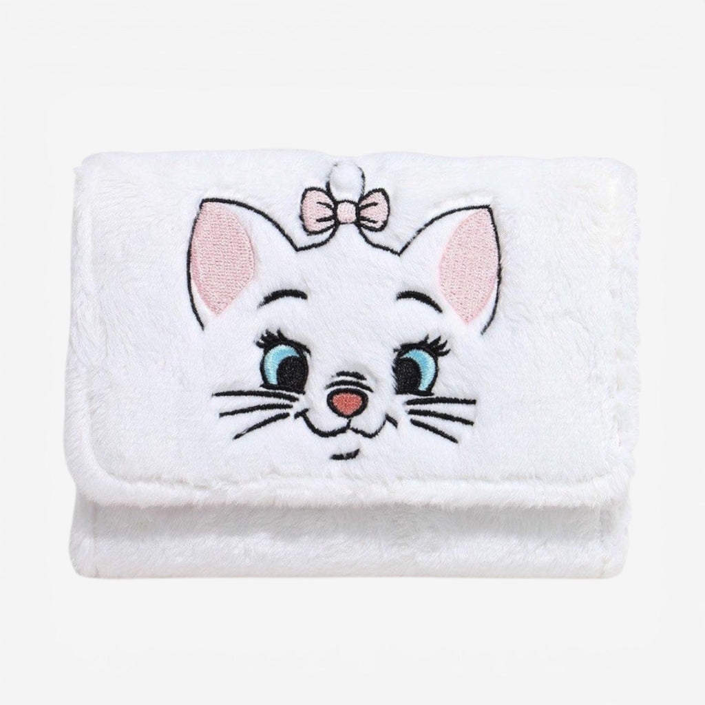 Once Upon Magic Loungefly Disney The Aristocats Marie fuzzy white mini wallet with embroidered face and pink bow.