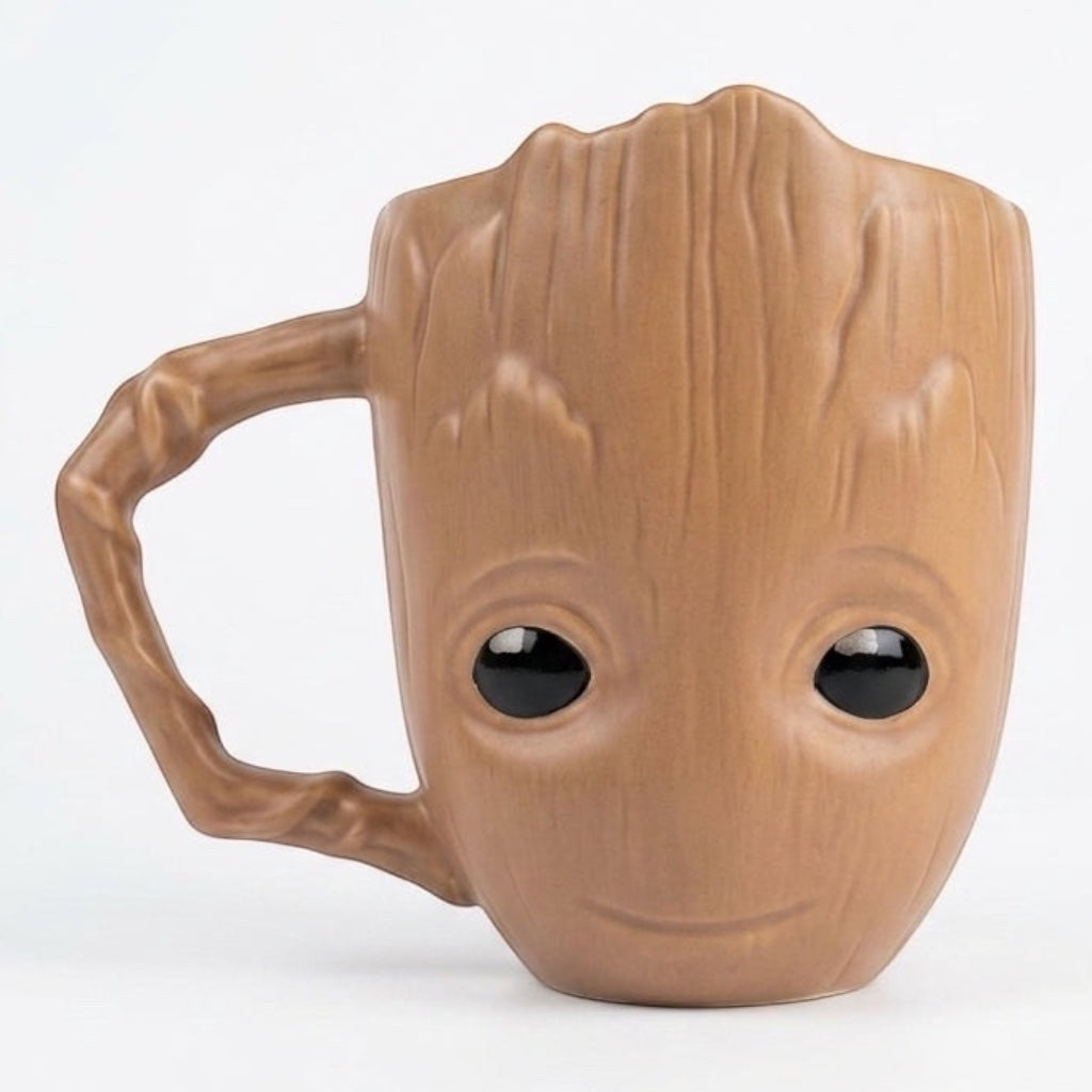 Once Upon Magic Baby Groot ceramic mug with a textured wood-like finish, black eyes, and a smiling face.