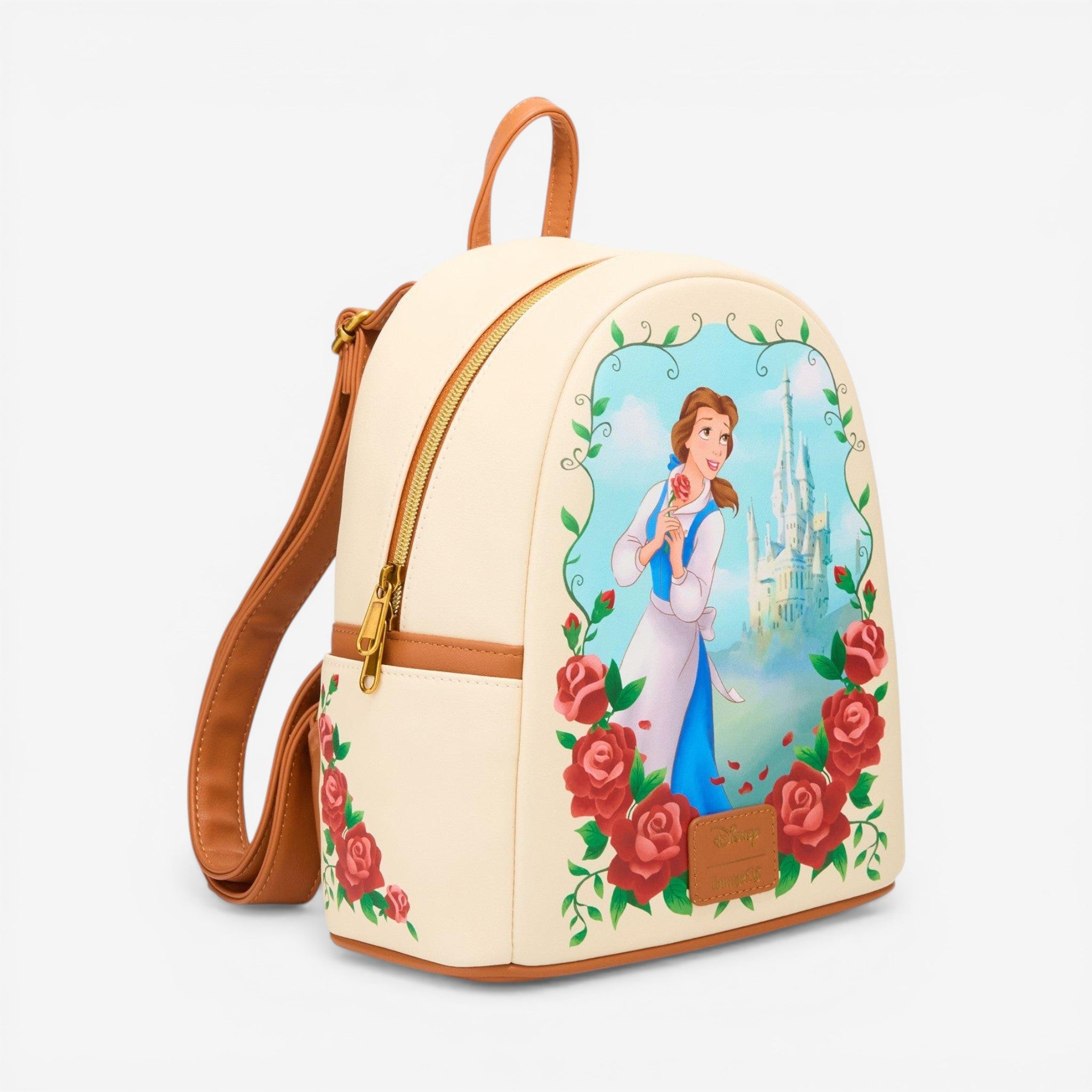 disney beauty and the beast belle cosplay mini backpack Loungefly Library Scene This mini backpack has a yellow body with brown accents on the straps and top flap Loungefly Disney Beauty and the