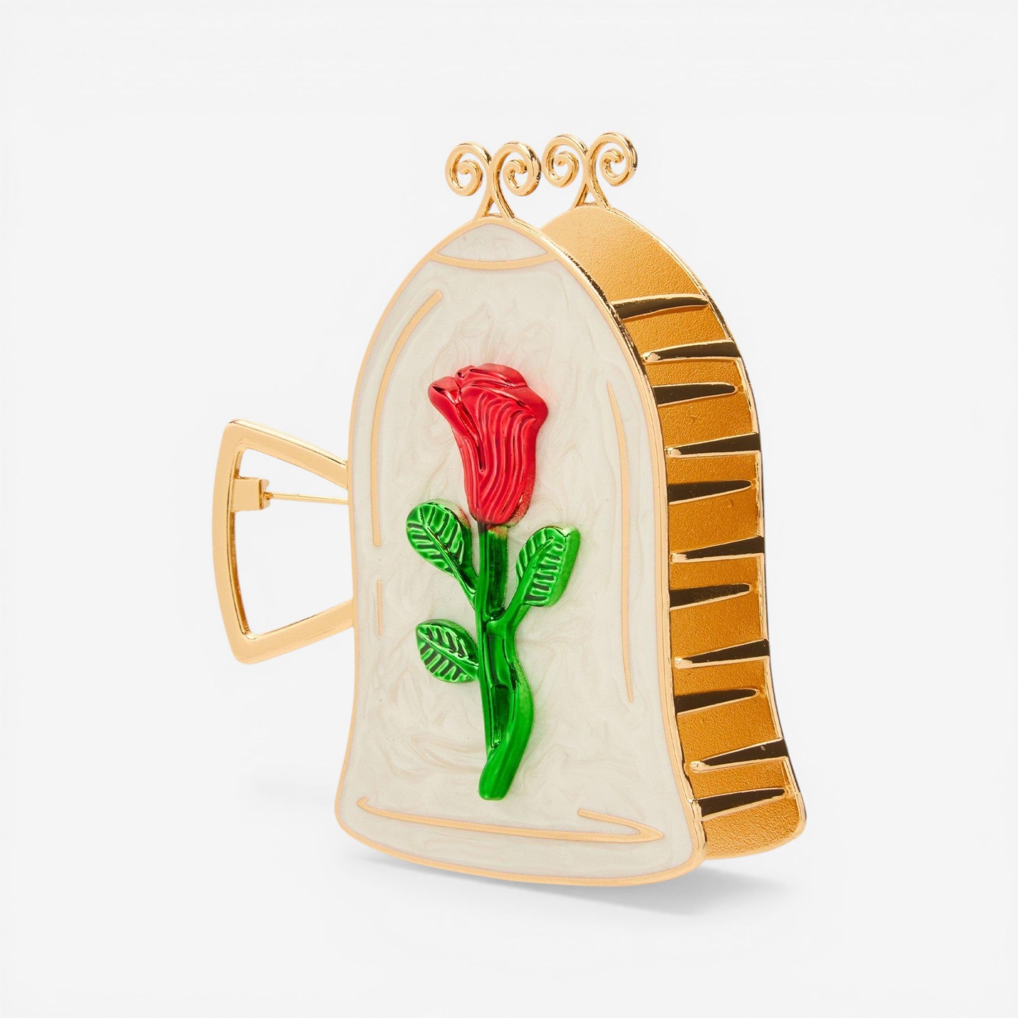 Once Upon Magic Disney Beauty and the Beast rose in dome claw hair clip, gold and cream enamel with red rose and green stem.