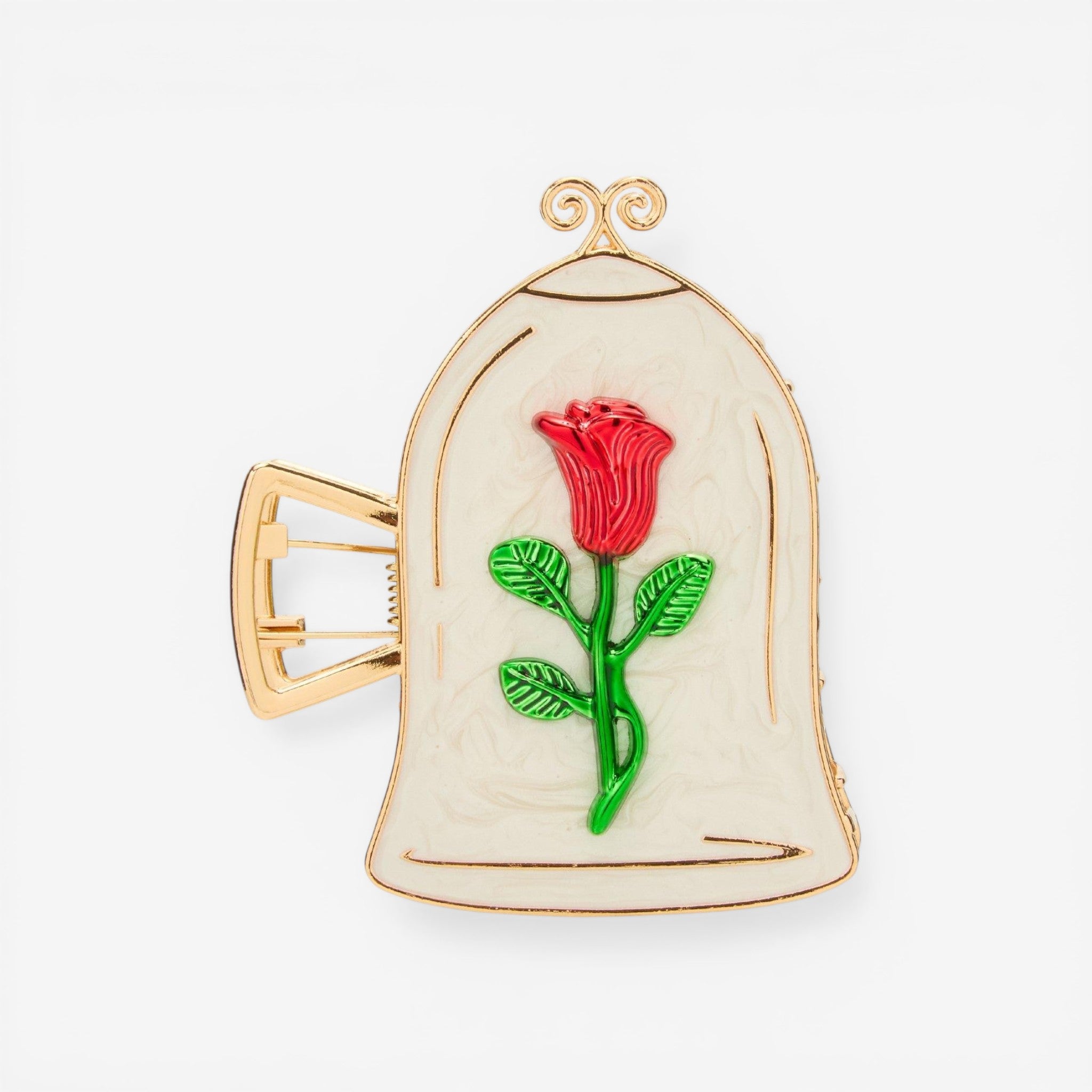Once Upon Magic Beauty and the Beast rose claw hair clip, featuring a red rose under a glass dome on an ivory background with gold trim.