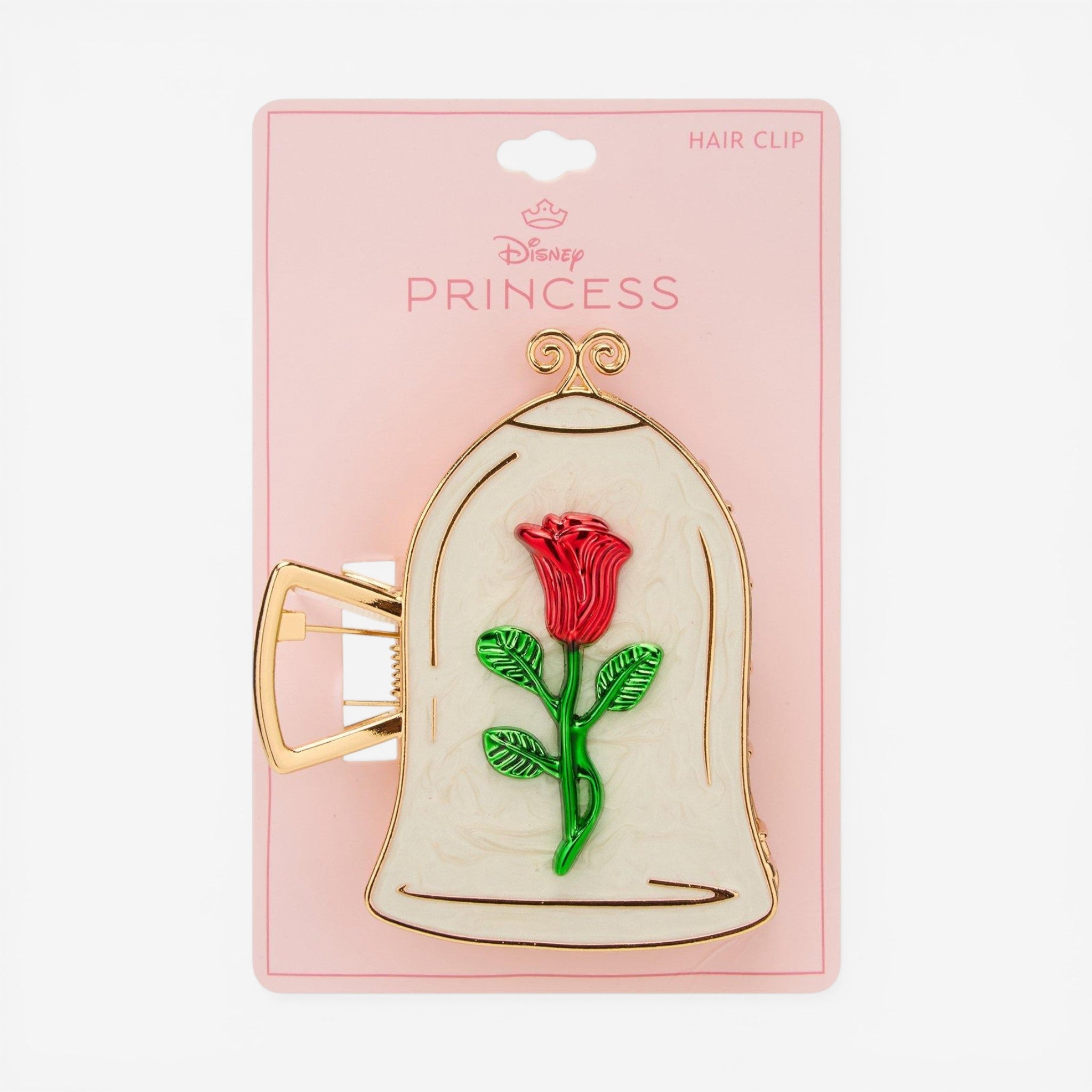 Once Upon Magic Disney Beauty and the Beast rose claw hair clip with red rose under glass dome, ivory and gold.