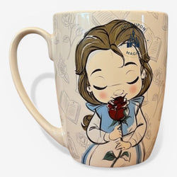 Once Upon Magic mug featuring chibi Belle from Beauty and the Beast holding a red rose. Ceramic, 300ml.