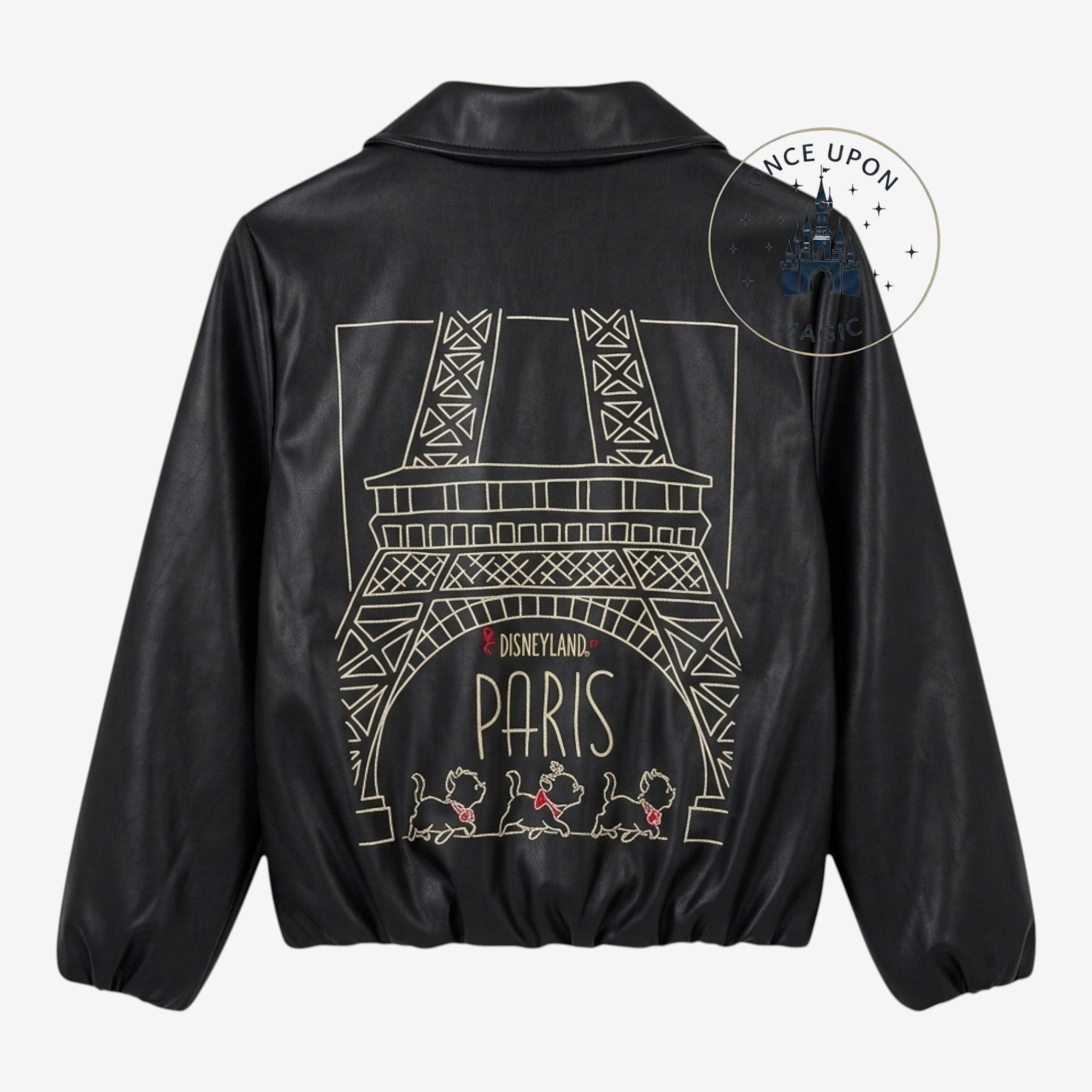 Once Upon Magic black faux leather jacket with embroidered Eiffel Tower and Aristocats characters, Disneyland Paris theme.