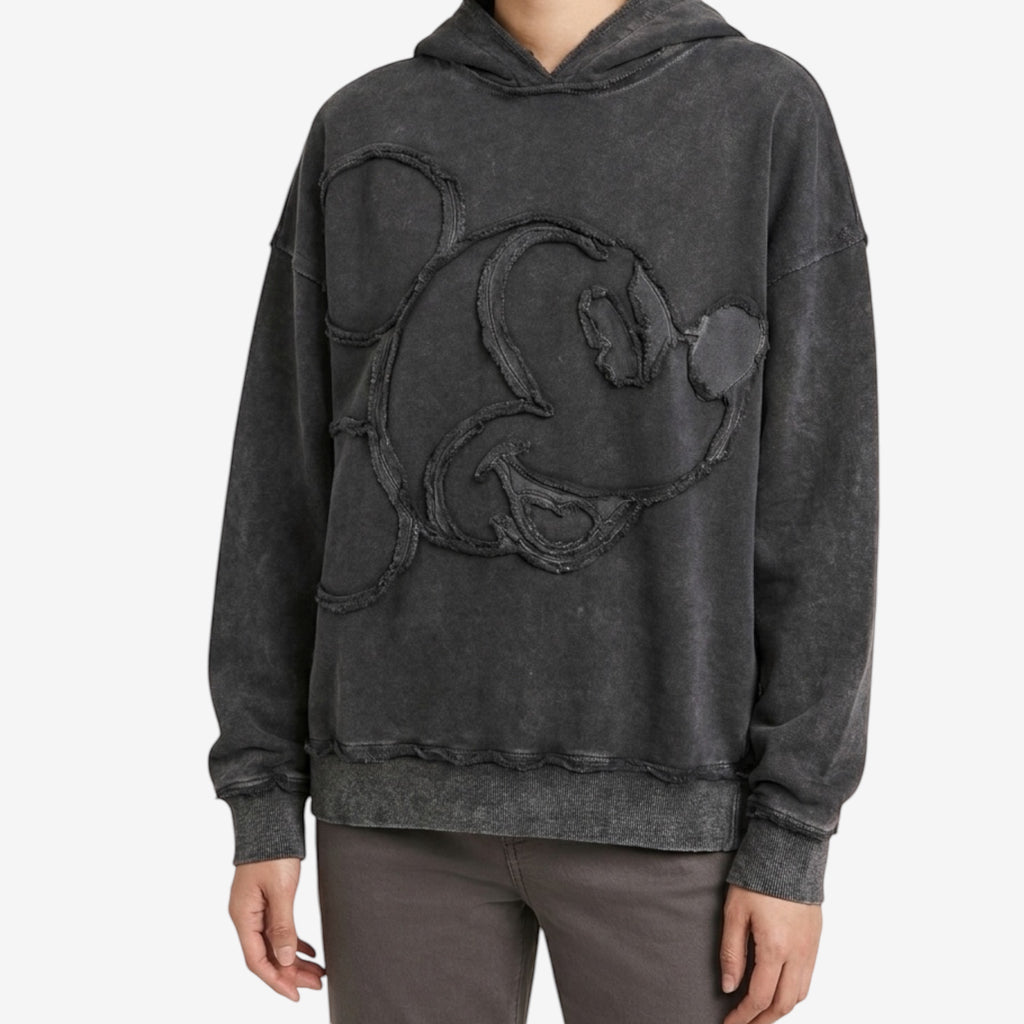 Once Upon Magic x Disneyland Paris black washed cotton hoodie with a distressed Mickey Mouse appliqué.