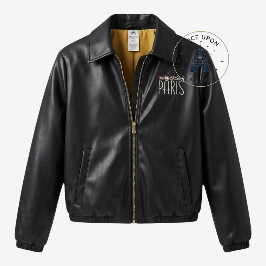 Once Upon Magic black faux leather jacket with Paris embroidery and Aristocats characters on the back.