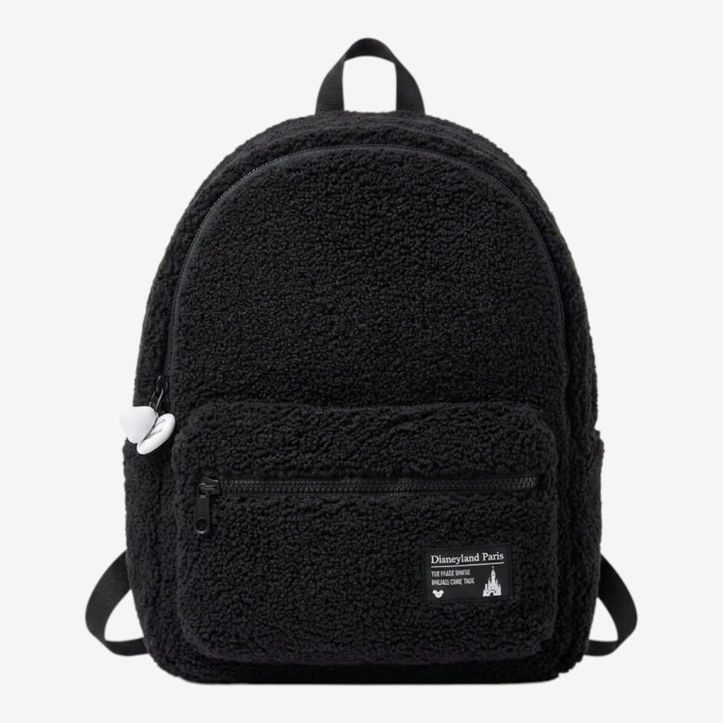 Once Upon Magic black fluffy Disneyland Paris backpack with adjustable straps and front zip pocket.