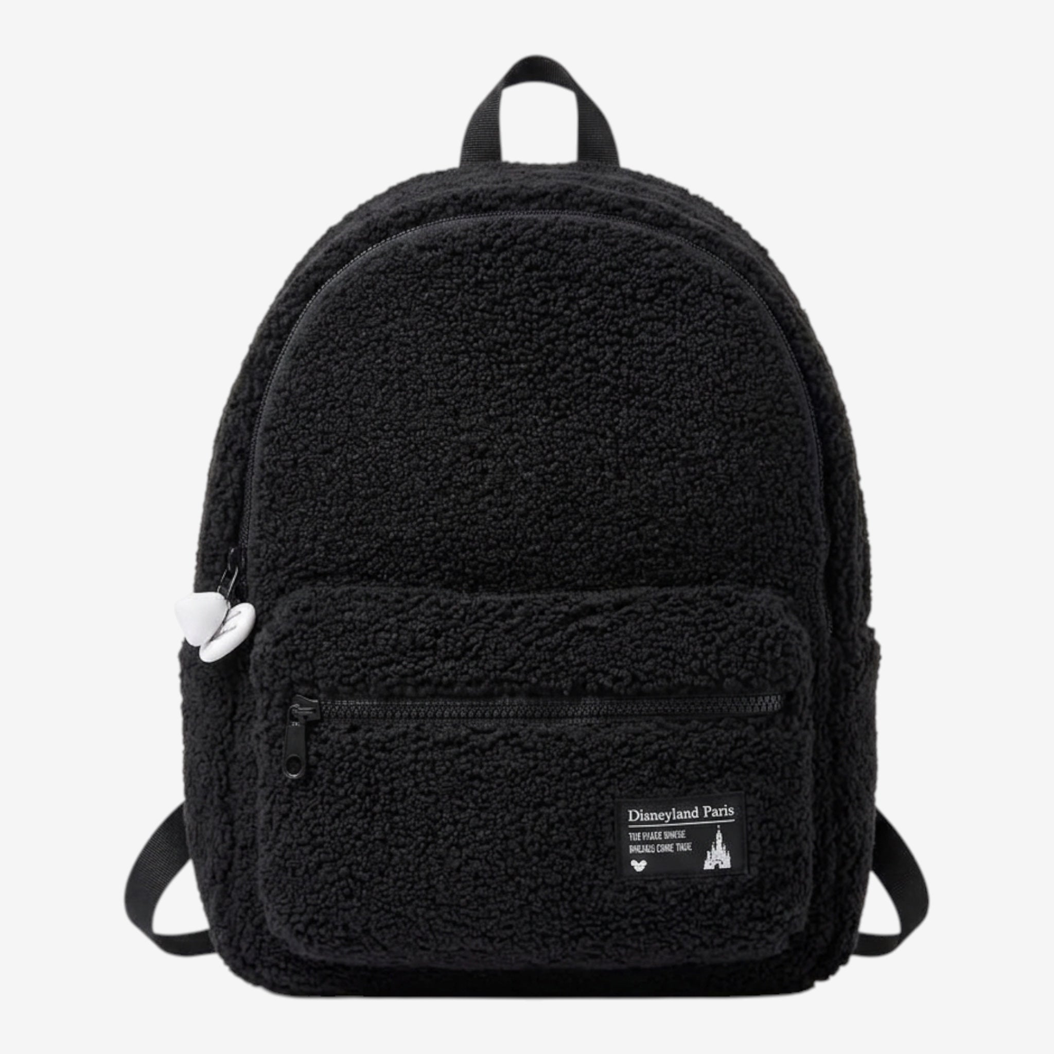 Once Upon Magic black fluffy Disneyland Paris backpack with adjustable straps and front zip pocket.