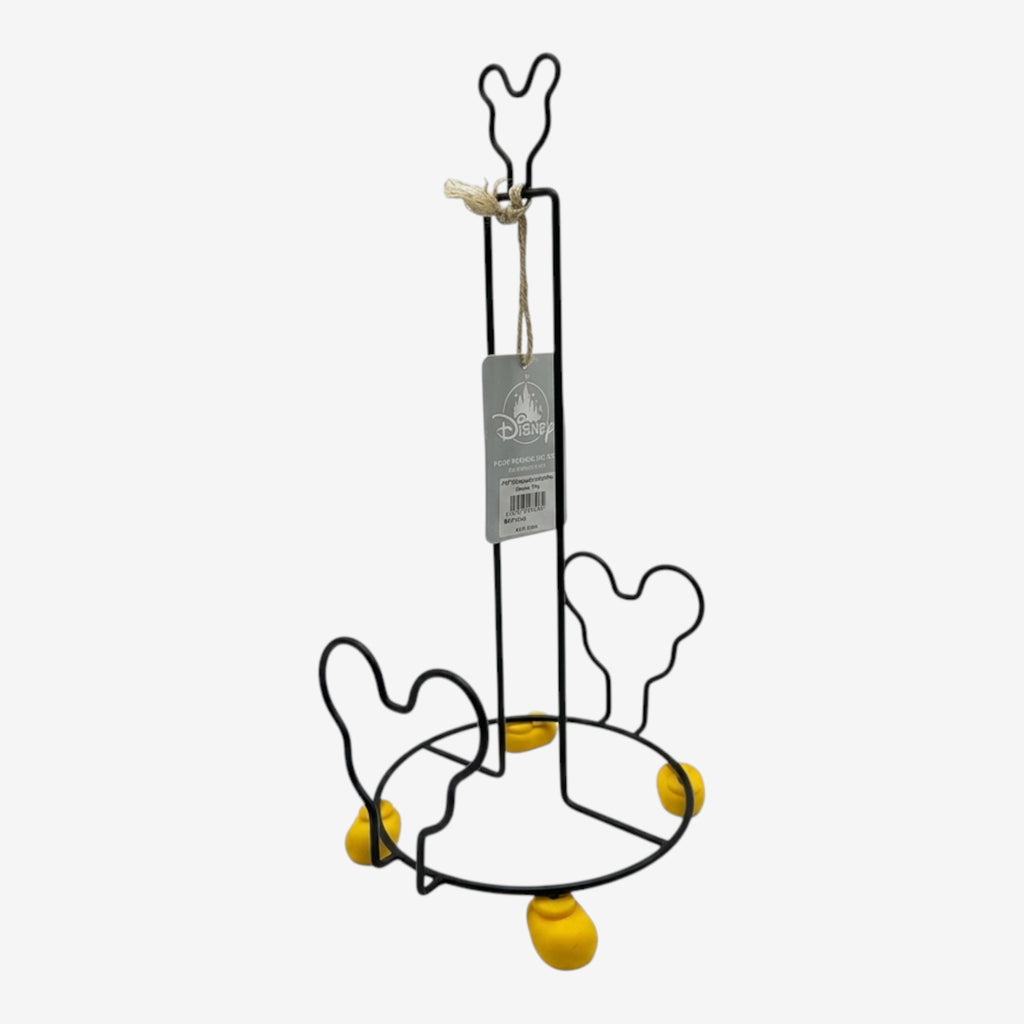 Once Upon Magic black metal paper towel holder with yellow feet and Mickey Mouse ears design. Functional kitchen decor.