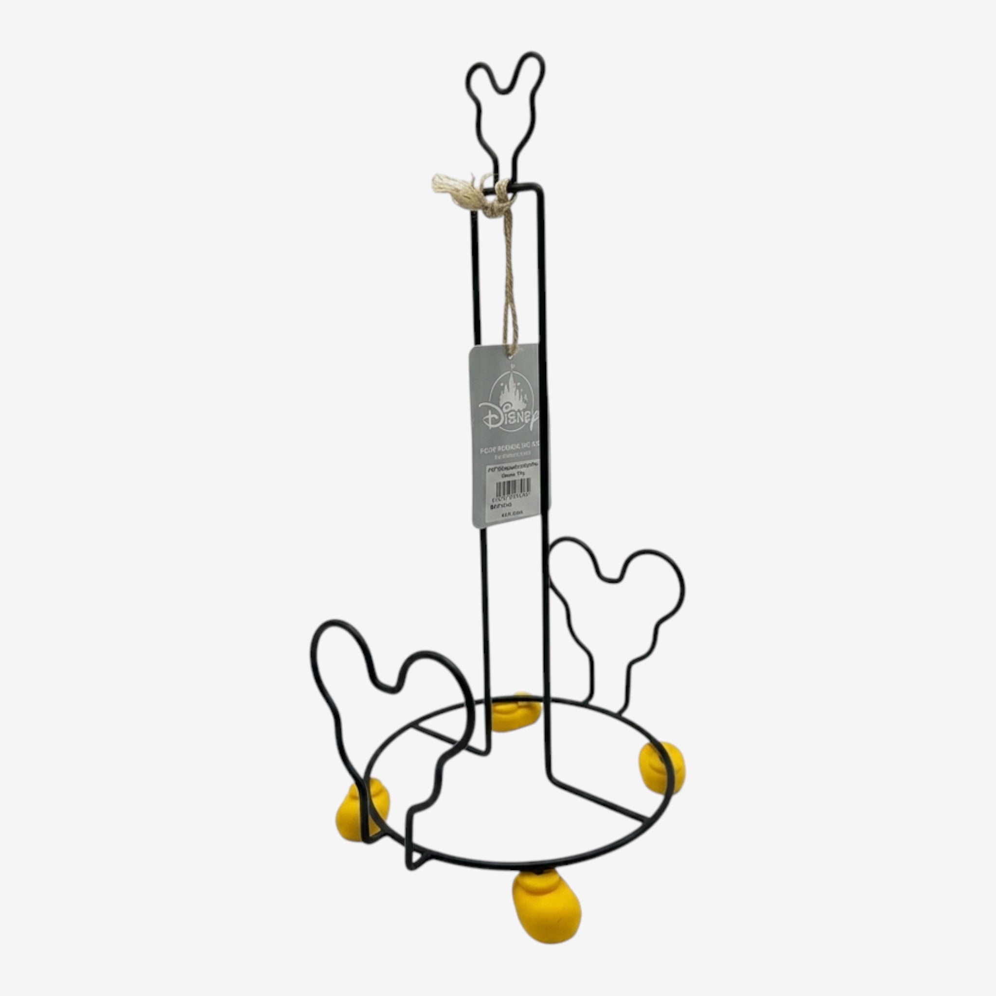 Once Upon Magic black metal paper towel holder with yellow feet and Mickey Mouse ears design. Functional kitchen decor.