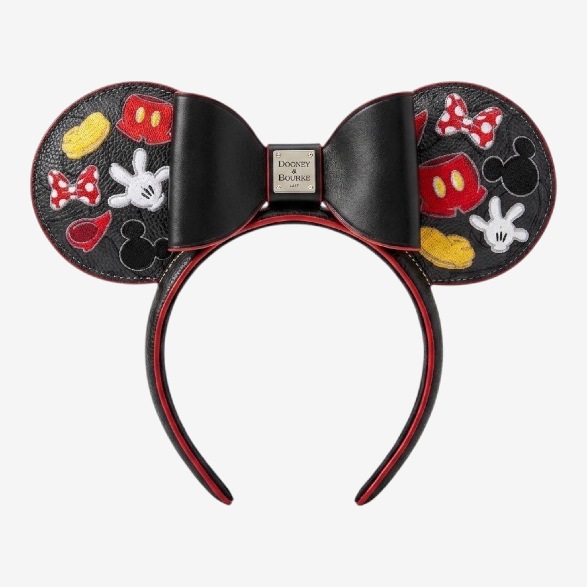 Once Upon Magic black leather Mickey Mouse ears headband with red trim, bow, and embroidered Mickey icons. Features Dooney & Bourke charm.