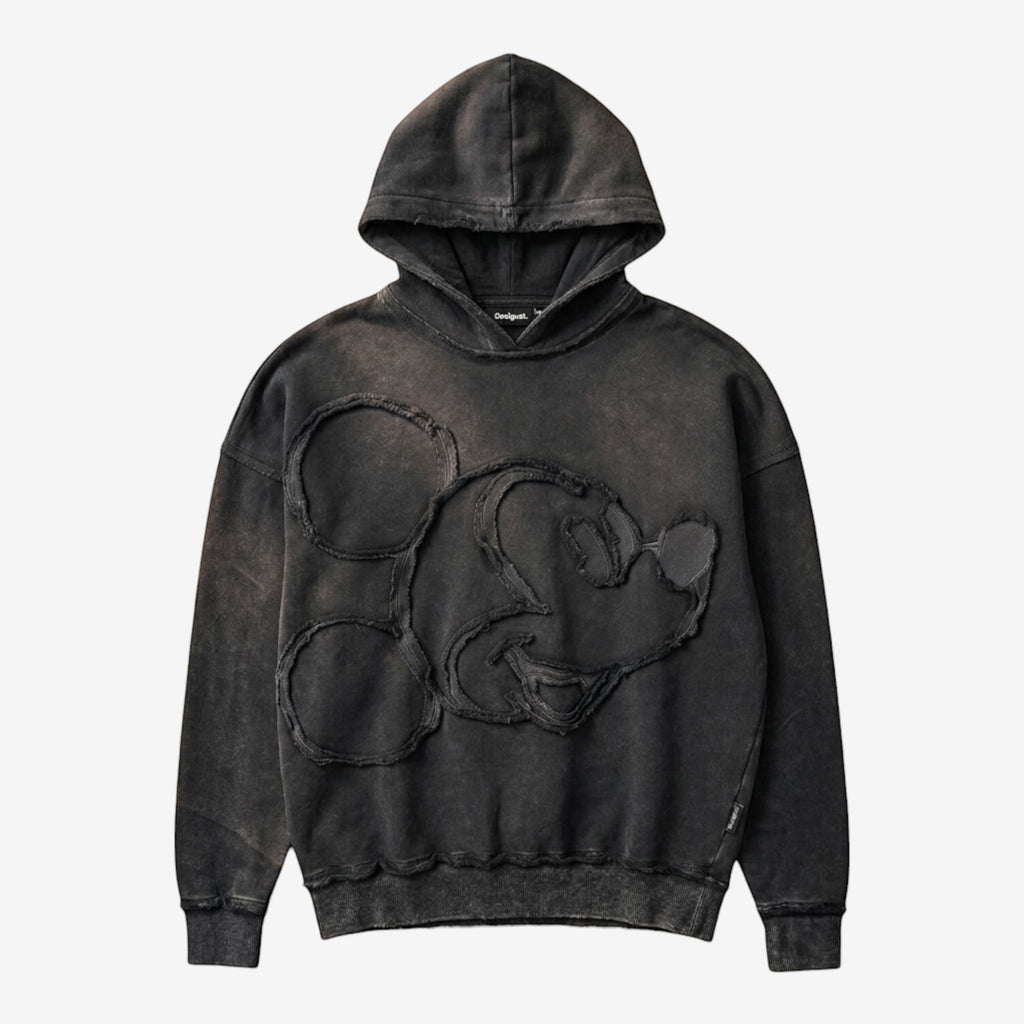 Once Upon Magic x Desigual x Disneyland Paris black washed cotton hoodie with distressed Mickey Mouse appliqué.