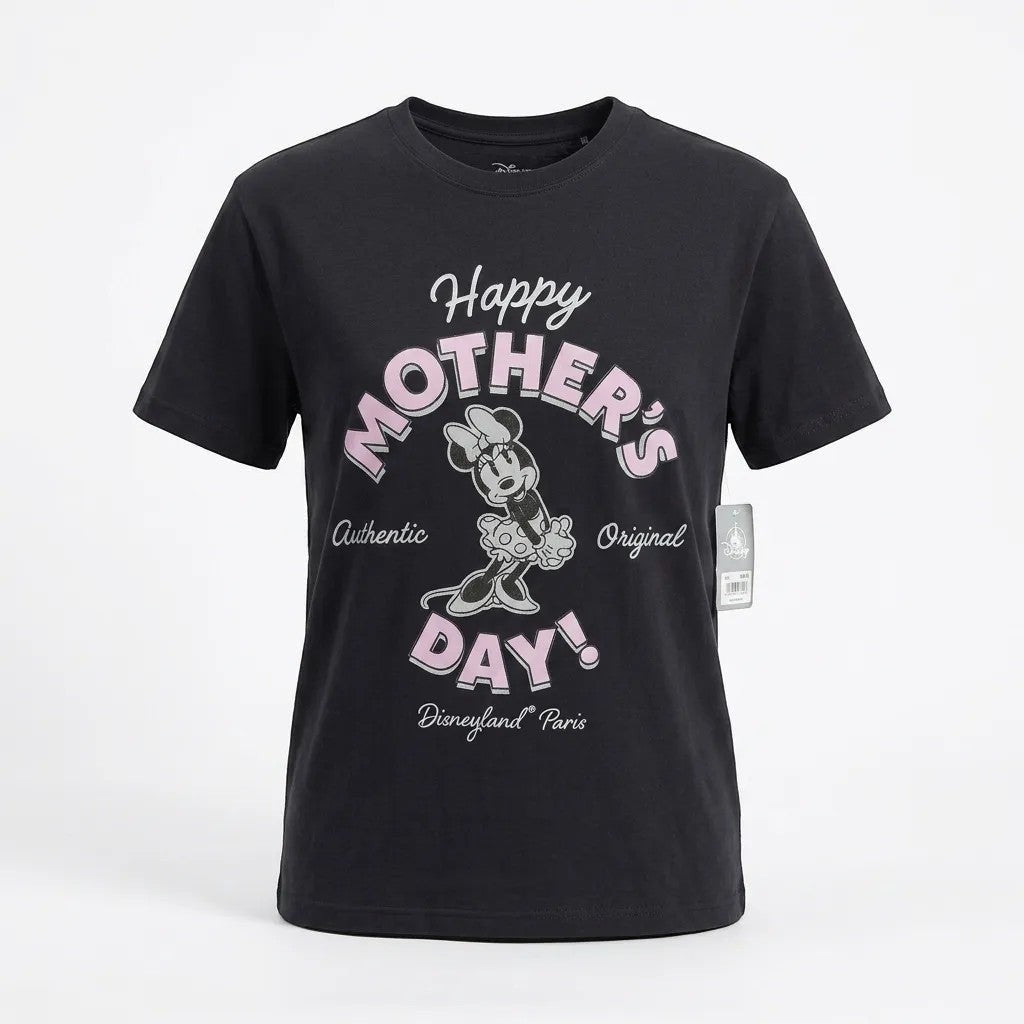 Once Upon Magic black cotton t-shirt with Minnie Mouse graphic for Mother's Day, featuring pink text and Disneyland Paris inscription.