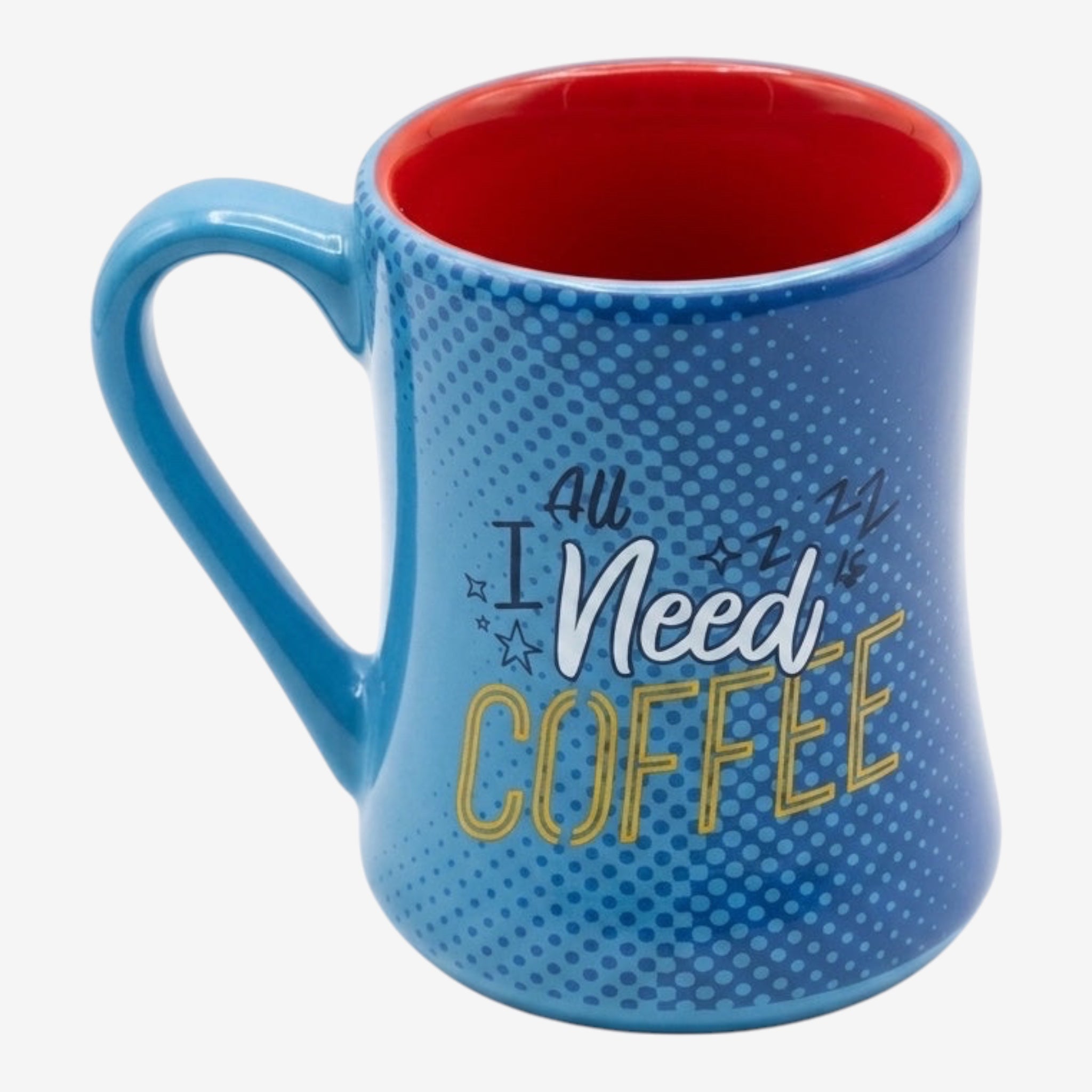 Once Upon Magic blue ceramic coffee mug with red interior, featuring "All I Need Is Coffee" text and Mickey Mouse graphic.