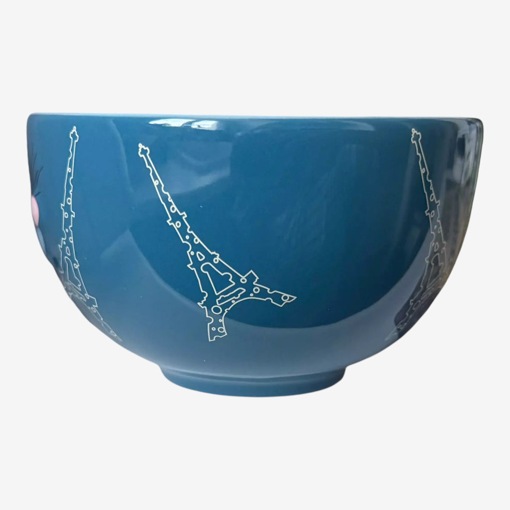 Once Upon Magic blue ceramic bowl featuring Ratatouille's Remy and Eiffel Tower motifs. Ideal for breakfast or soup.